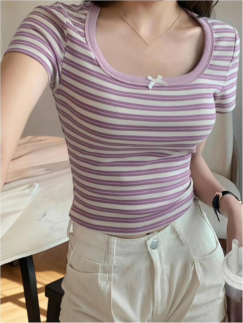 Women's Coquette Striped Crop Tops Scoop Neck Short Sleeve Fitted Summer T Shirt