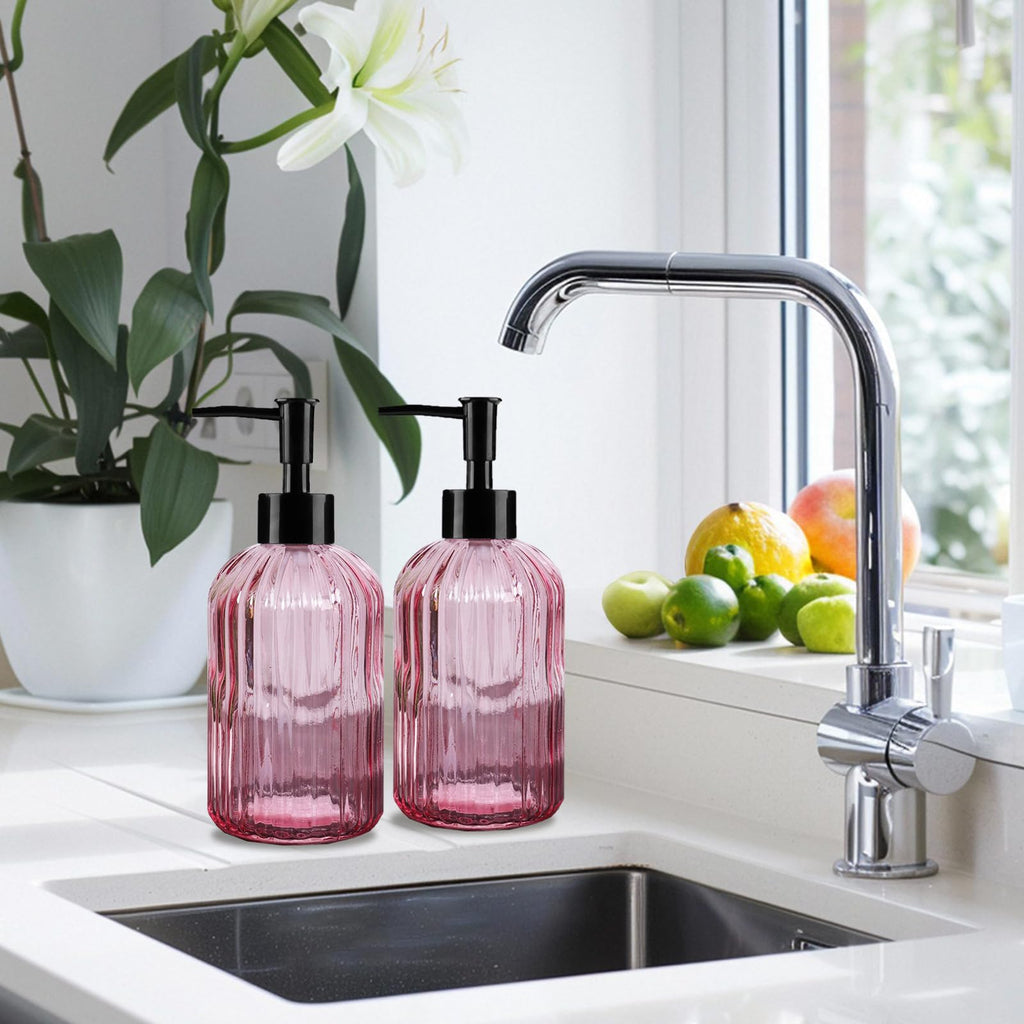 Pink Clear Glass Soap Dispenser 13 Oz/400ml, Striped Transparent Liquid Hand Soap Dispenser for Kitchen & Bathroom