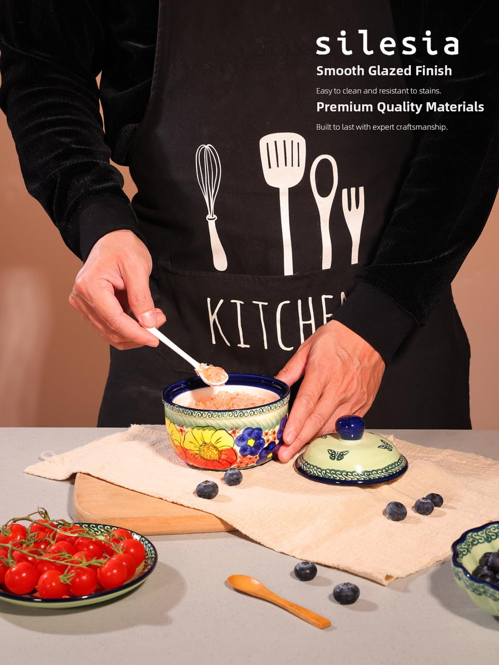 Handmade Sugar Bowl with Lid and Spoon, 10 Ounce Ceramic Hand-Painted Sugar Jar for Kitchen Oven, Dishwasher & Microwave Safe, Glazed