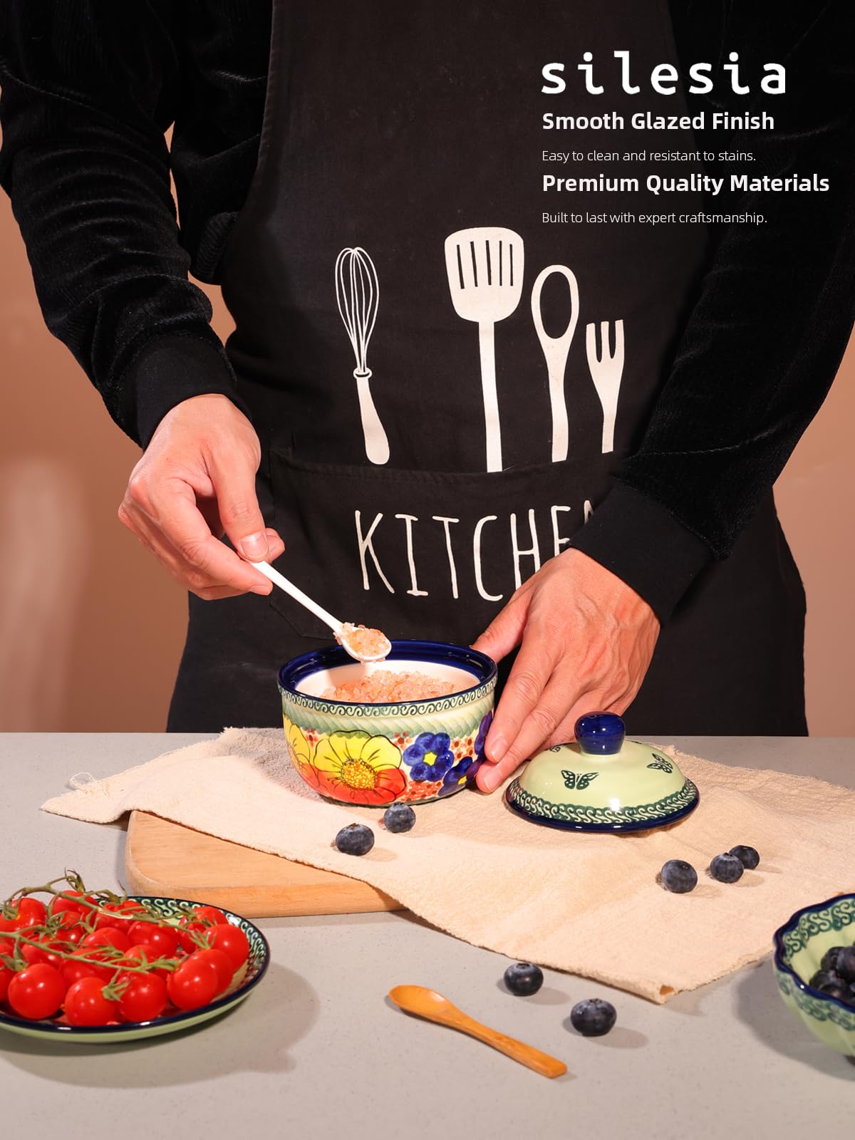 Handmade Sugar Bowl with Lid and Spoon, 10 Ounce Ceramic Hand-Painted Sugar Jar for Kitchen Oven, Dishwasher & Microwave Safe, Glazed