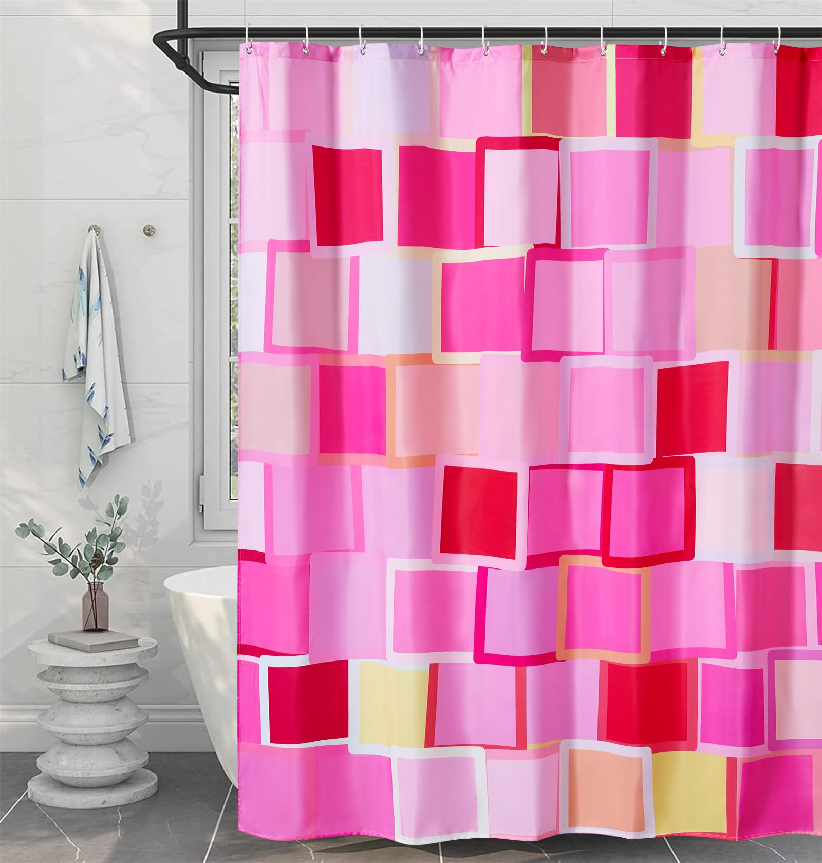 Multicolored Checkered Retro Fabric Shower Curtain for Bathroom, Heavy Duty & Waterproof Bright Rainbow Colorful Modern Simple Groovy Aesthetic Shower Curtain Set with Hooks Bathroom Decor