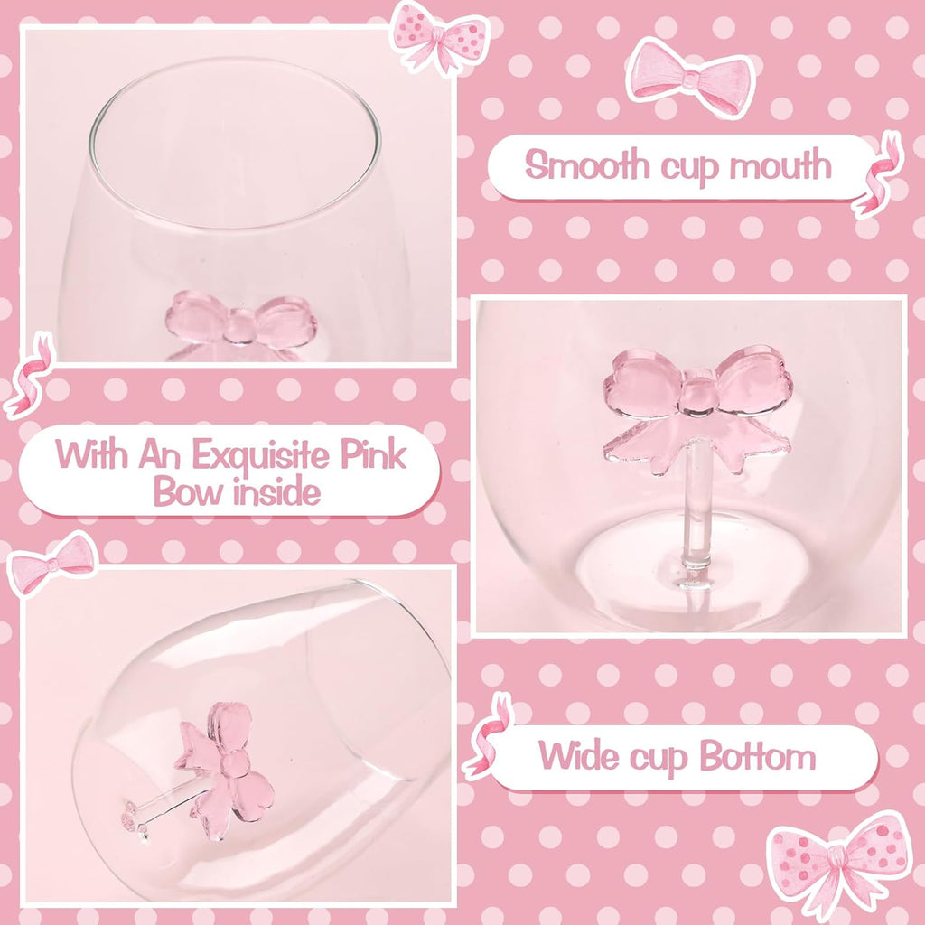 Pink Bow Stemless Wine Glass Coquette Glass Cups 20 oz Elegant Drinkware Handcrafted 2 Pcs