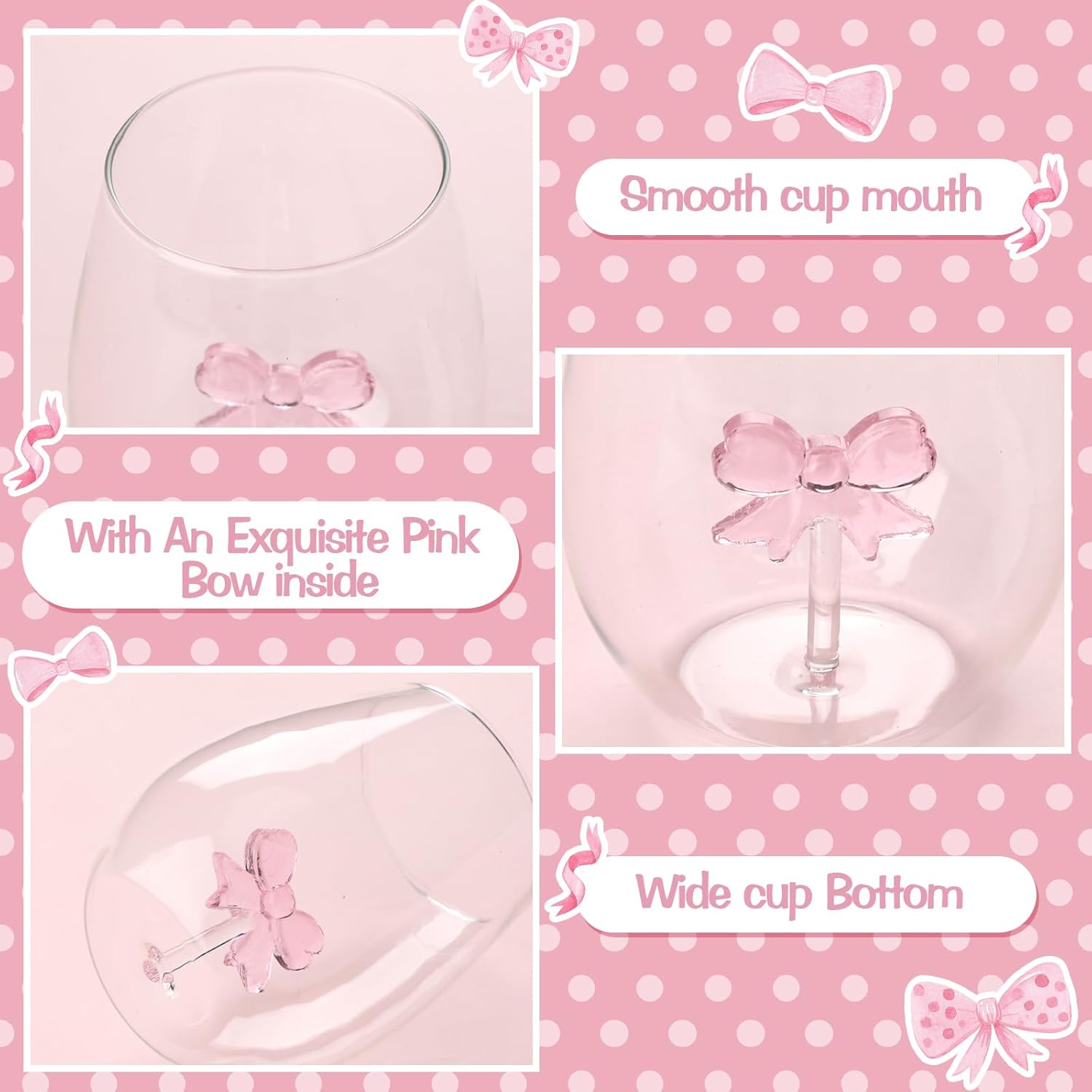 Pink Bow Stemless Wine Glass Coquette Glass Cups 20 oz Elegant Drinkware Handcrafted 2 Pcs