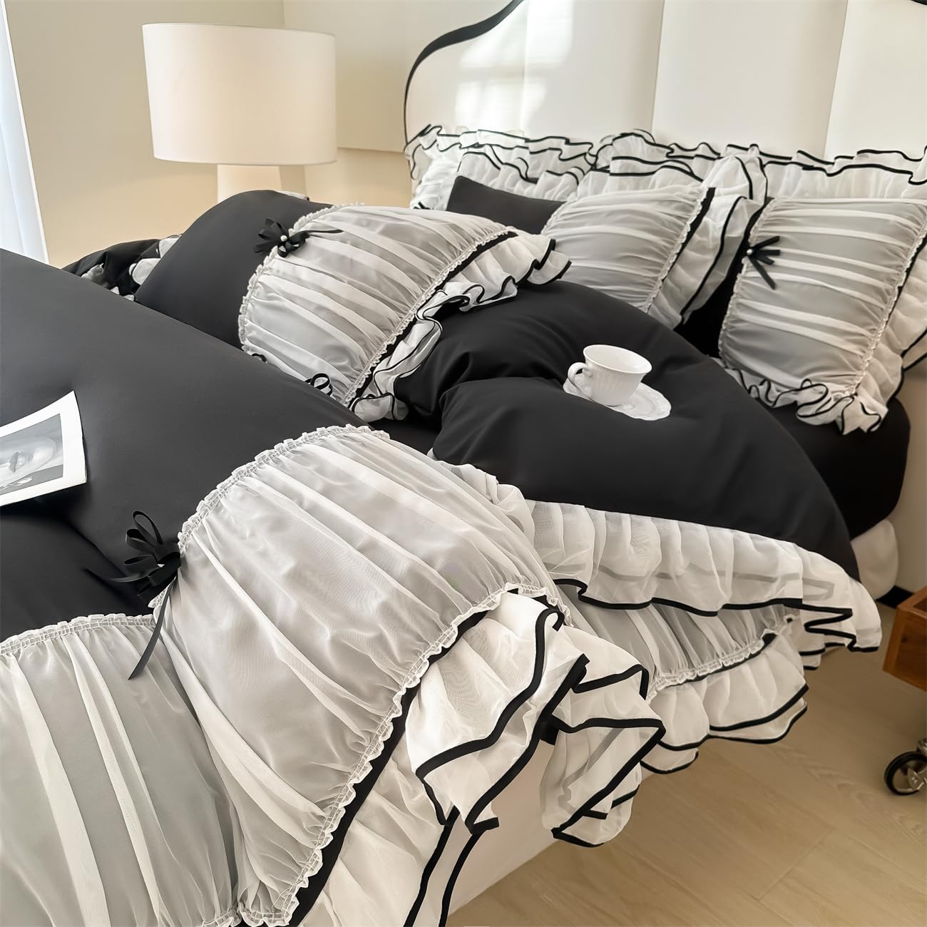 Duvet Cover Ruffle Beddding Set with Bowtie - 3 Pieces Comforter Cover Set with Zipper Closure & Pillowcase - Comforter Not Included