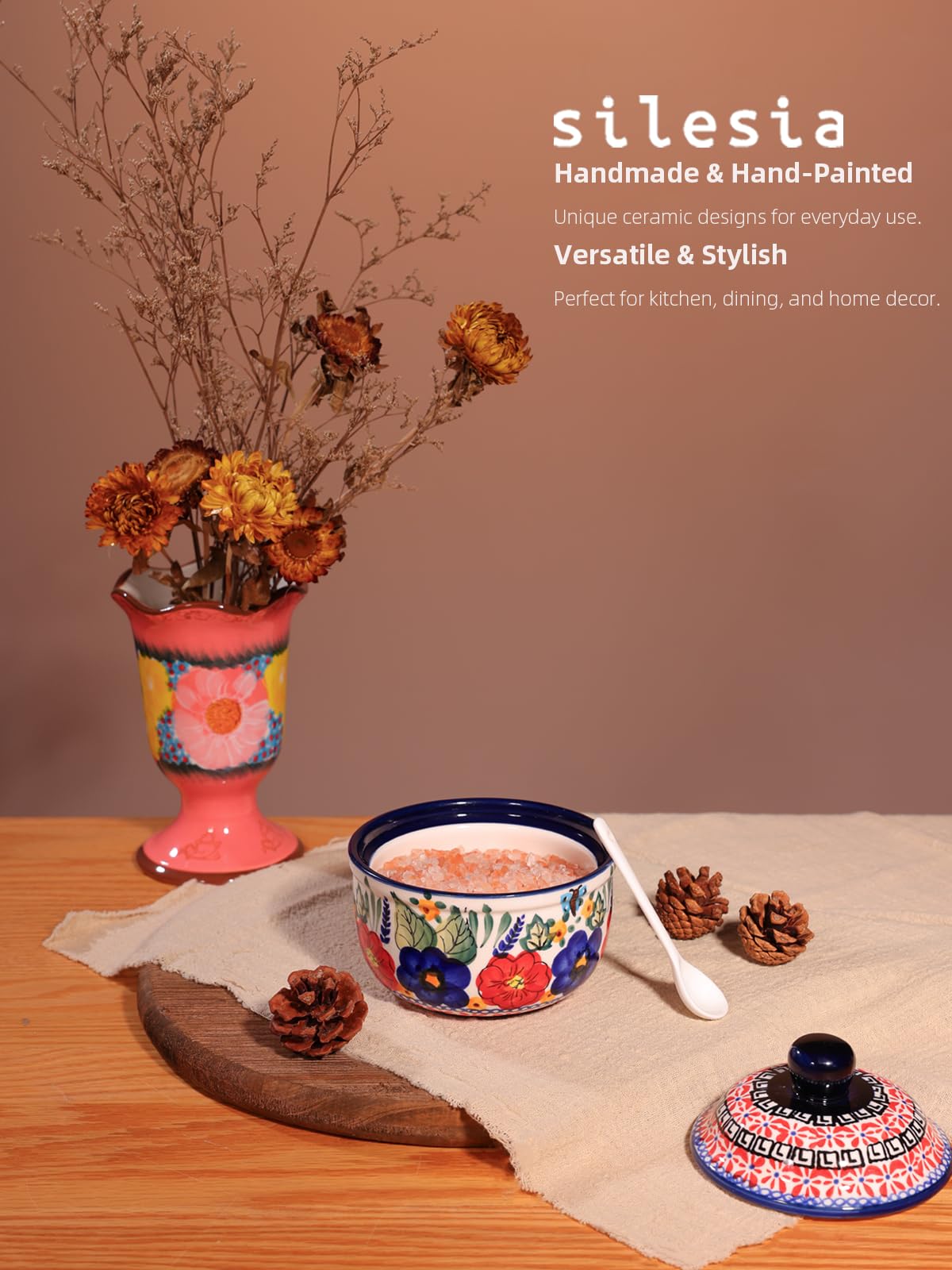 Handmade Sugar Bowl with Lid and Spoon, 10 Ounce Ceramic Hand-Painted Sugar Jar for Kitchen Oven, Dishwasher & Microwave Safe, Glazed