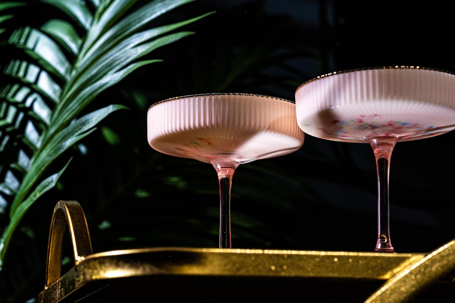 Vintage Art Deco Blush Pink Coupe Glasses with Gold Rims | Set of 4 | 7 oz Crystal Ribbed Cocktail Glassware