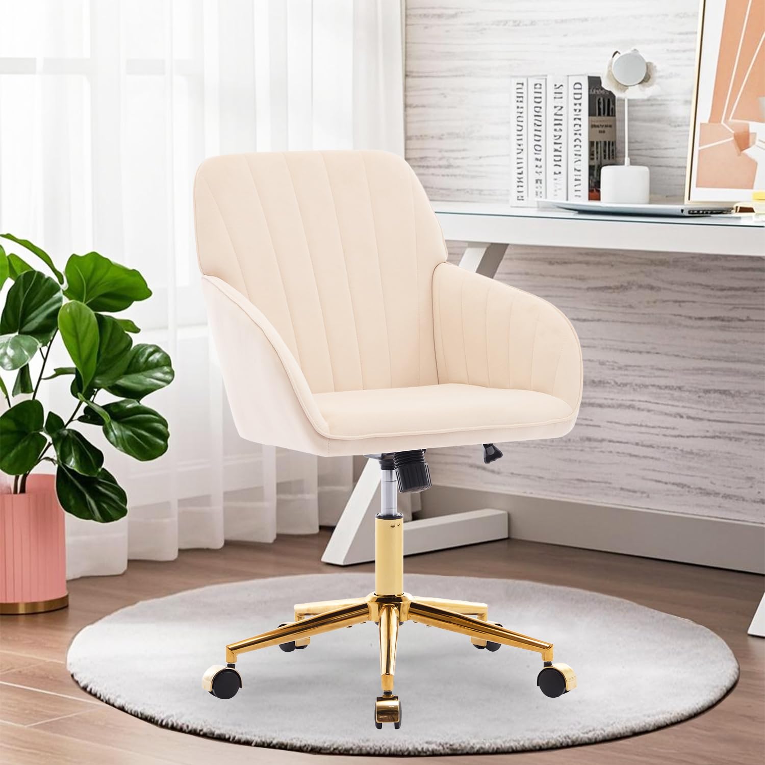 Modern Vanity Velvet Adjustable Low Back Rolling Chair, Twill Upholstered Cute Chair with Wheels