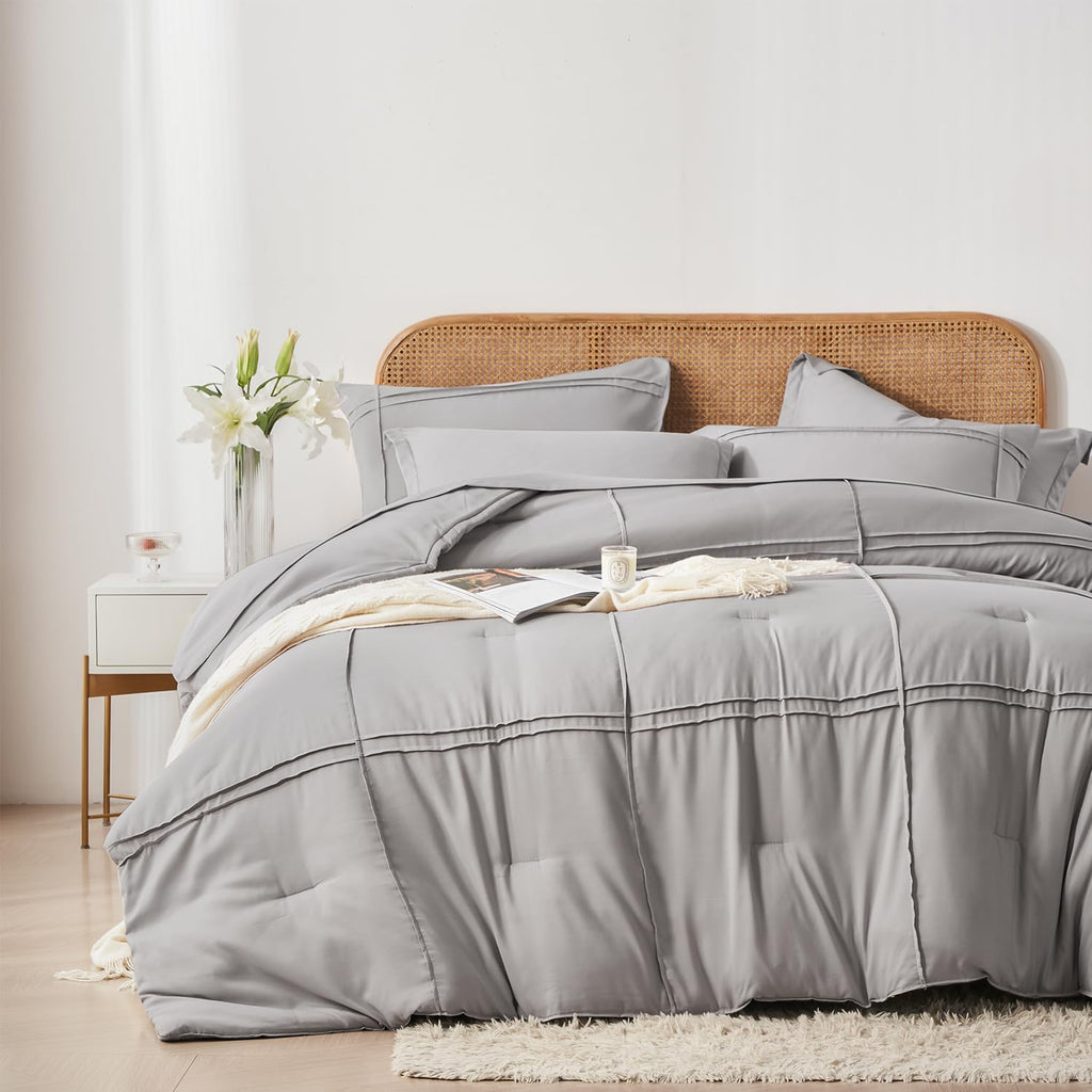 Comforter Set 7 Piece Bed in a Bag, Grid Pinch Pleat Bedding Set, Striped Textured Soft Microfiber Comforter with Sheet Set