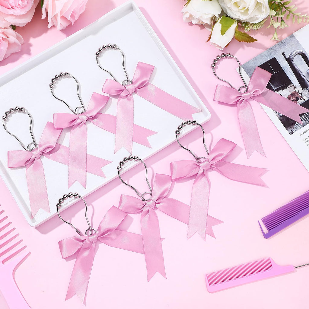 Cute Bow Knot Ribbon Curtain Hooks Decorative Shower Rings Hanger Bathroom Decor Bathroom Accessories 12 Pcs