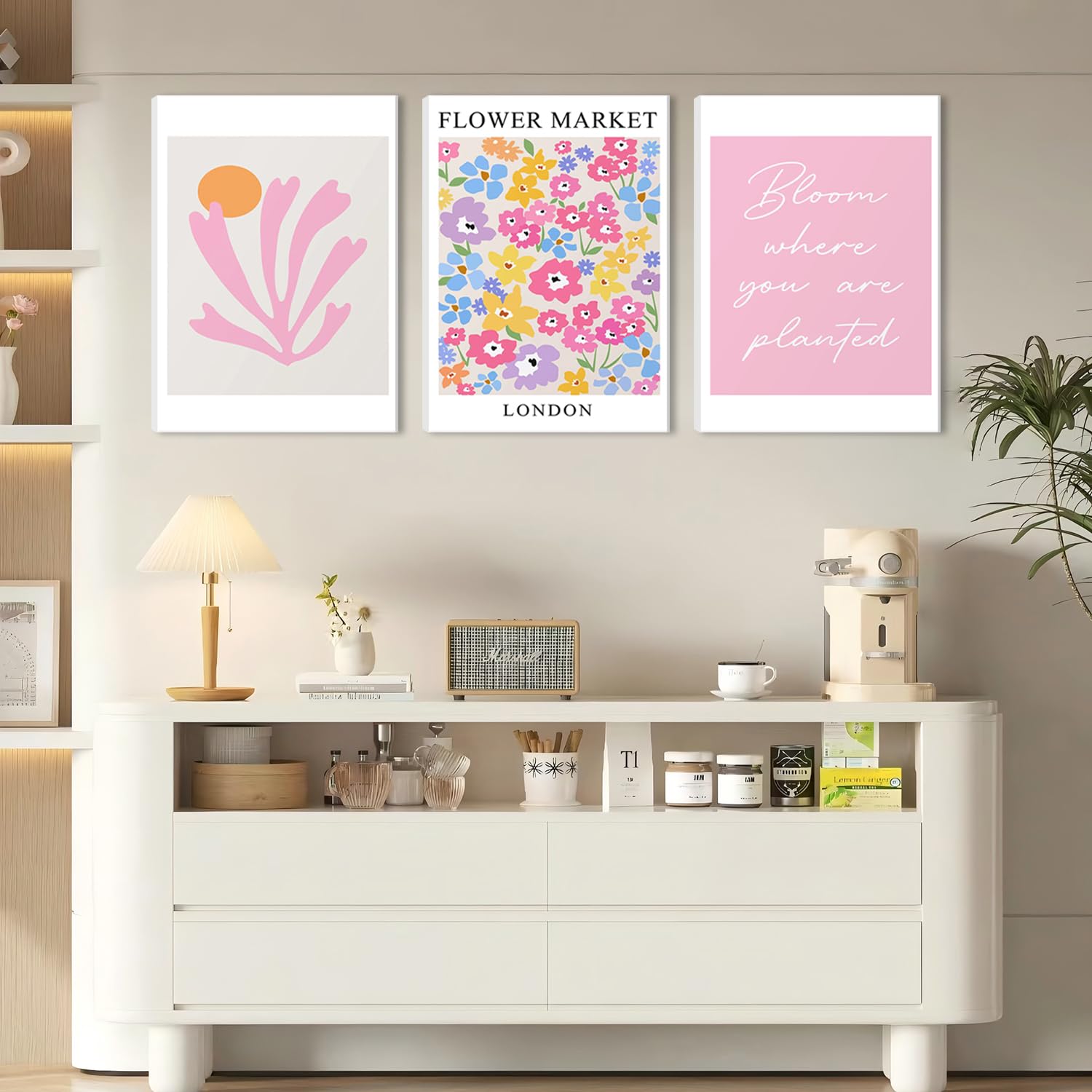 Pink Wall Art Set of 3 - Pink Flowers Wall Decor Vintage Canvas Print Picture Retro Abstract Exhibition Print 12×16 Inch Framed