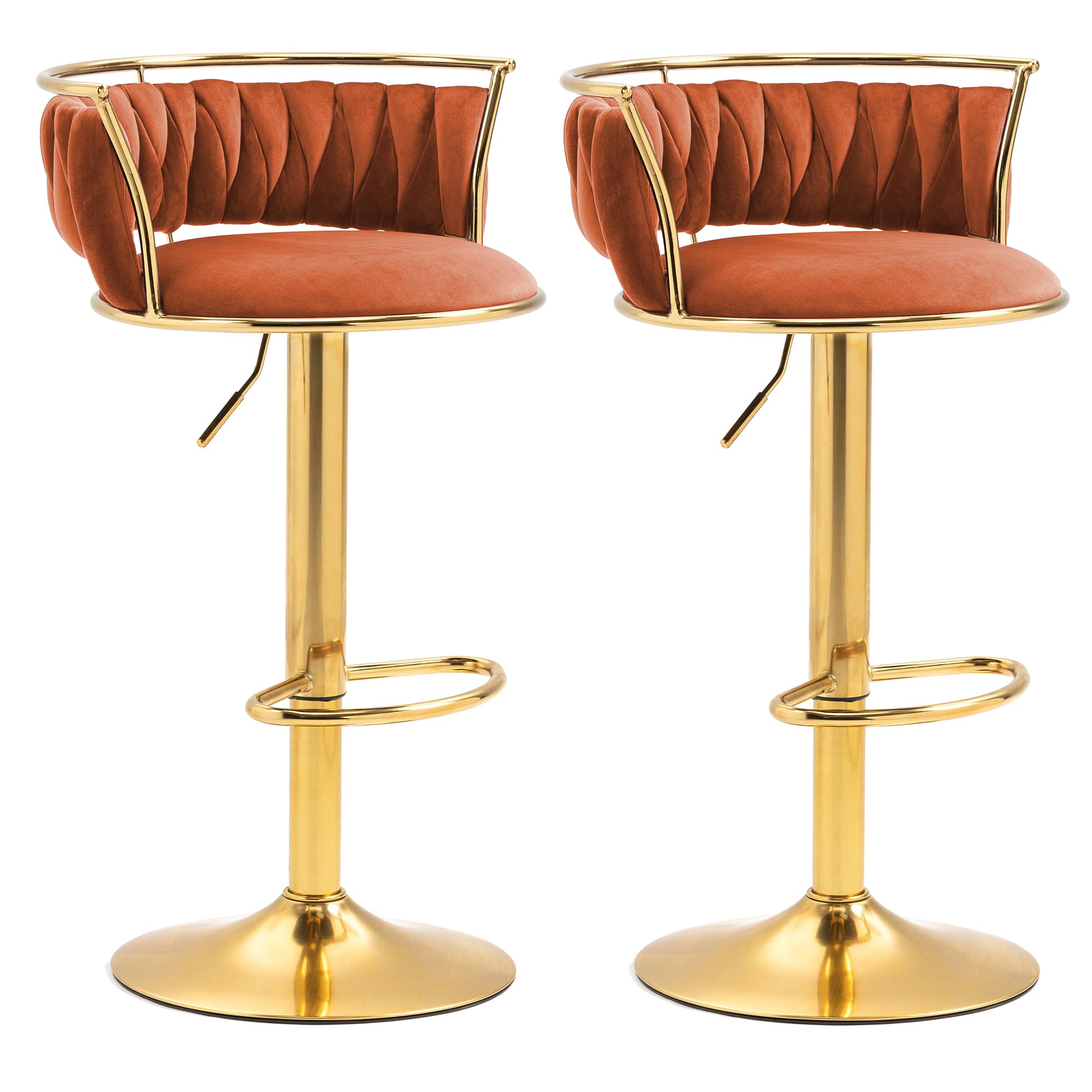 Velvet Swivel Bar Stools, Adjustable Counter Height Bar Chairs with Low Back & Footrest, Modern Gold Bar Stools for Kitchen Island, Bar Pub