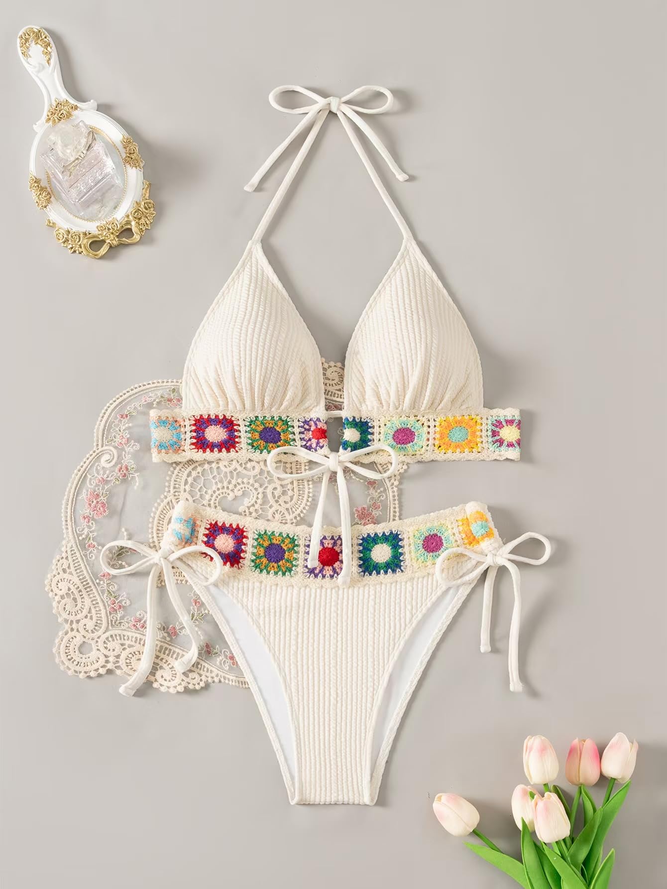 Women's Floral Embroidery Halter Padded Bikini Set Cut Out Boho Bathing Suit Swimsuit