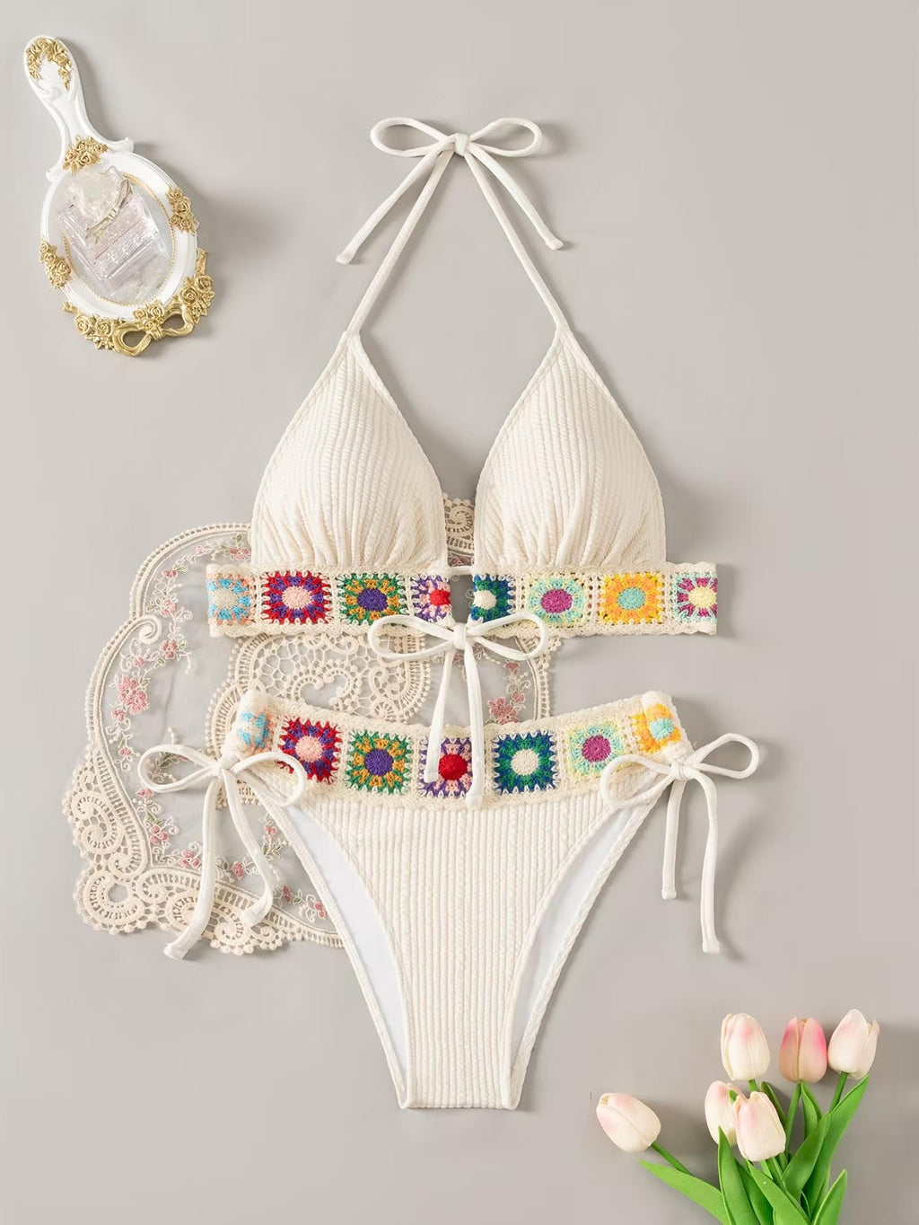 Women's Floral Embroidery Halter Padded Bikini Set Cut Out Boho Bathing Suit Swimsuit