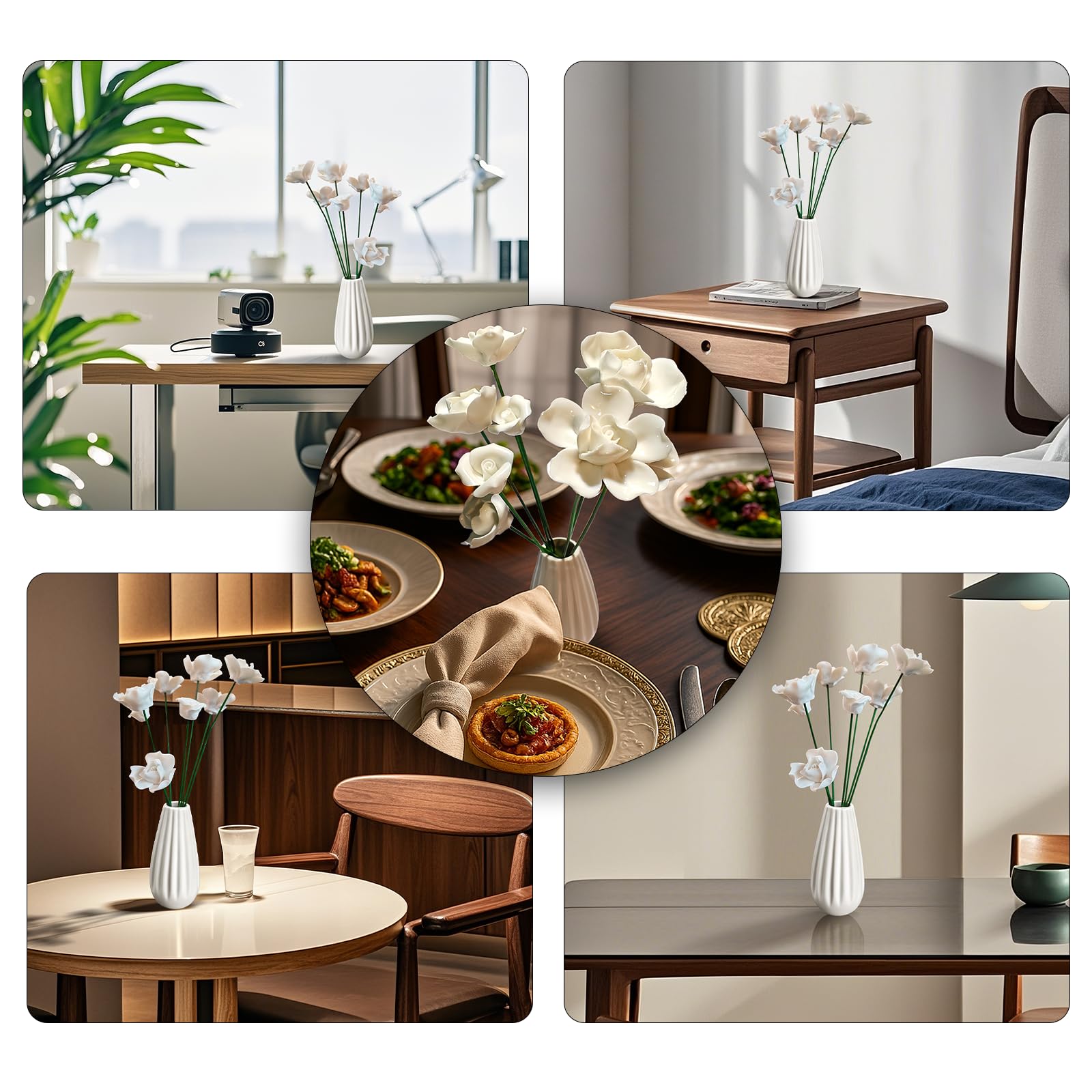 Handmade Ceramic Roses with Vase Set - 8 Artificial Porcelain Flowers and Modern Vase, Non-Fade Wedding Table Centerpiece, Eco-Friendly Home Décor for Living Room, Gift Box Included