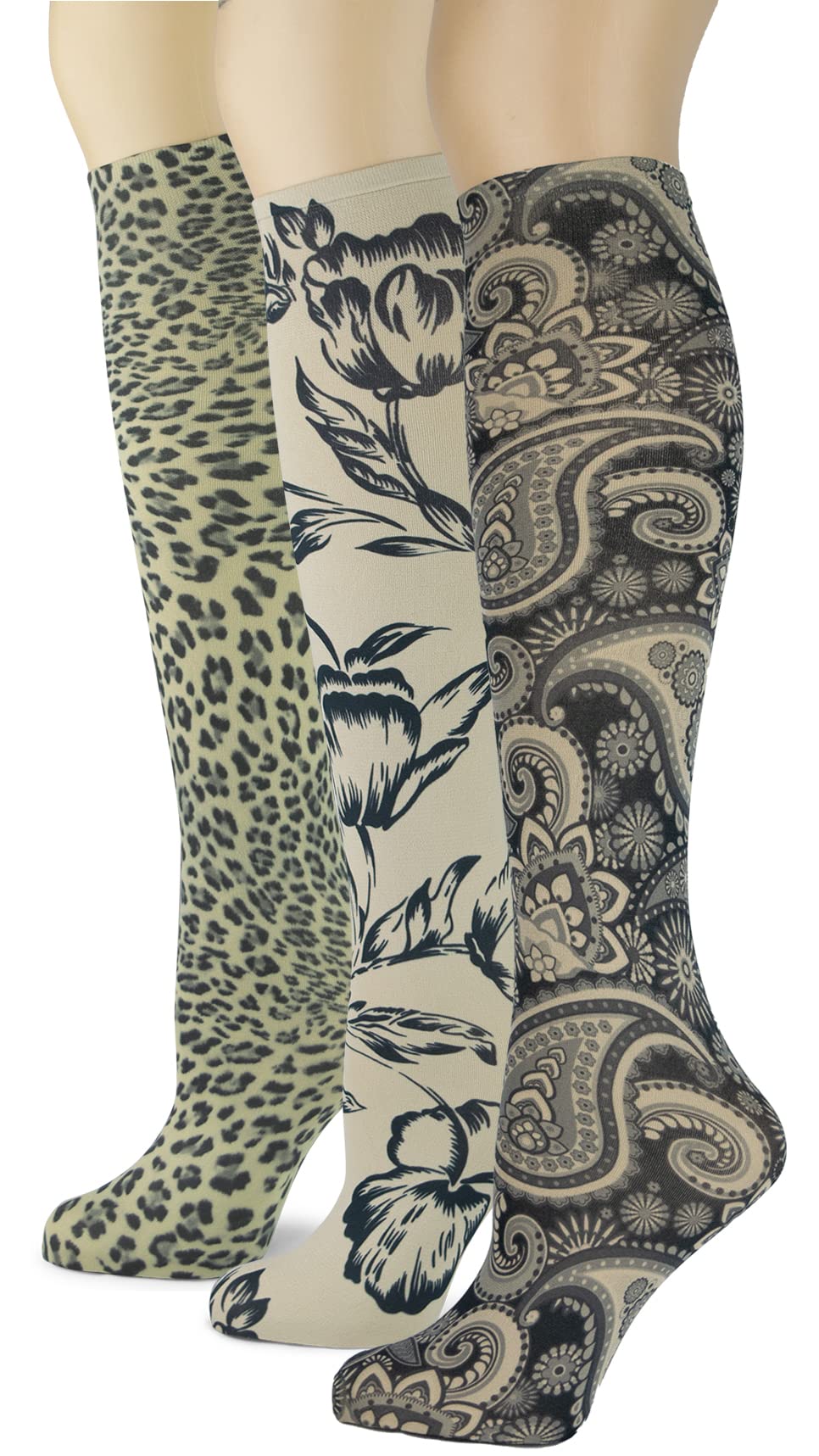 Women's 3 Pairs Knee High Trouser Socks, Classy and Colorful Printed Patterns, Silky Smooth Material