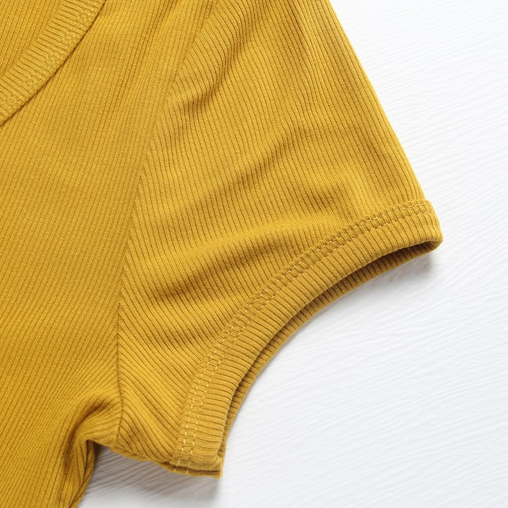 Women's Short Sleeve T-Shirts Form Fitting Ribbed Knit V Notch Scoop Neck Basic Crop Top