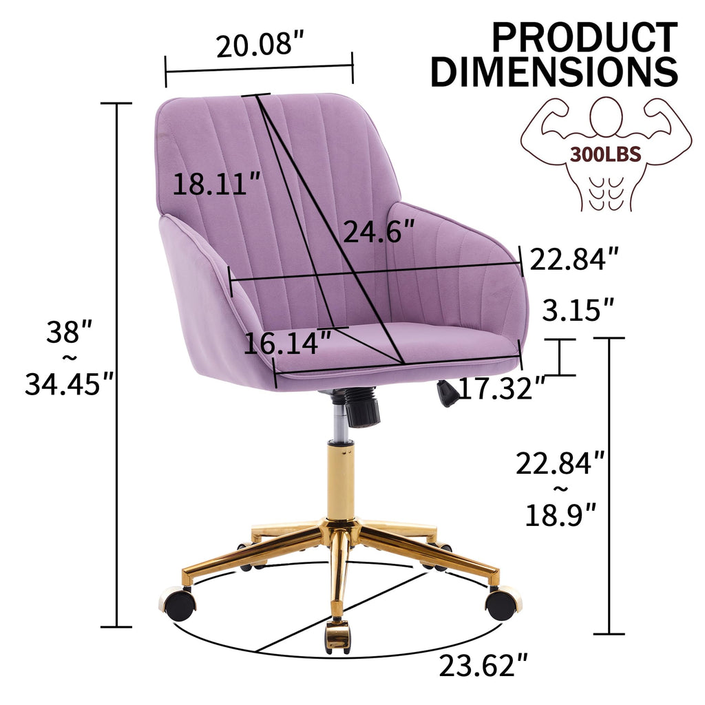 Modern Vanity Velvet Adjustable Low Back Rolling Chair, Twill Upholstered Cute Chair with Wheels
