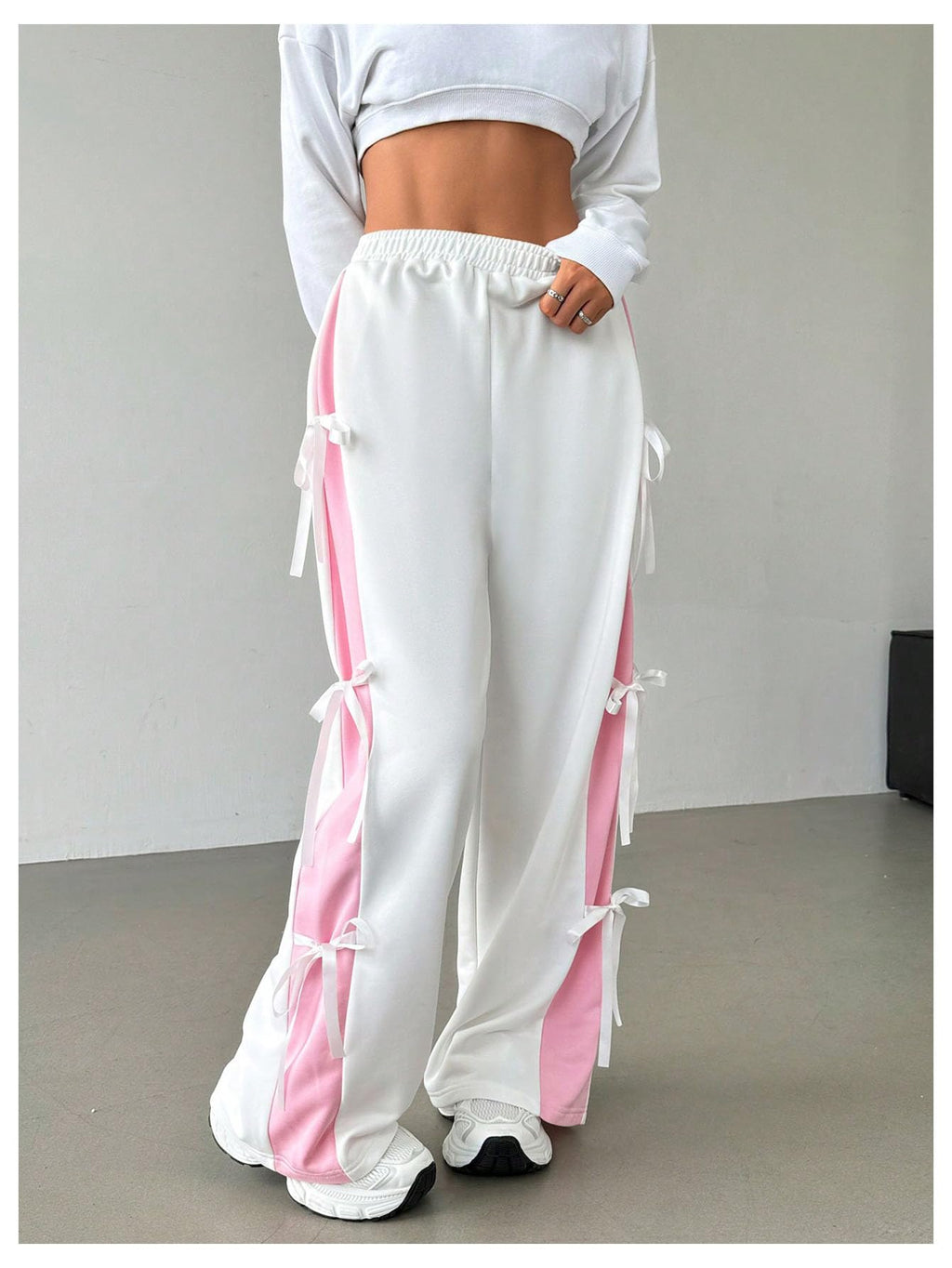 Women's Bow Wide Leg Sweatpants Elastic Waist Casual Baggy Pants with Pocket