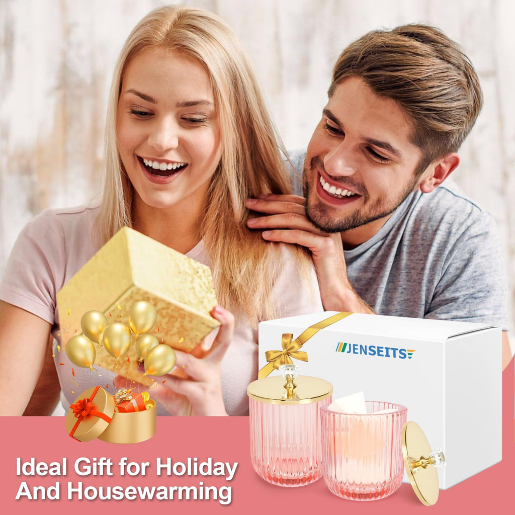 Cute Glass Apothecary Jars with Lid, Pink Cotton Ball Pad Round Container Holders and Vanity Canister Storage Jar for Makeup Sponges, Floss, Hair Accessories 2 Pack