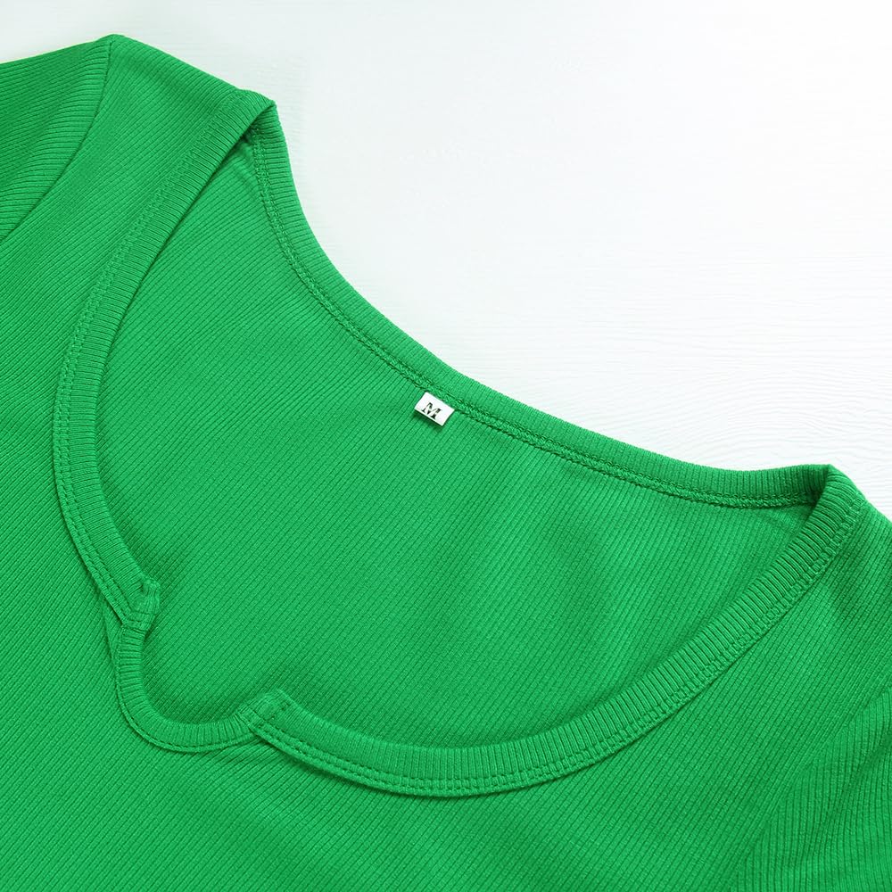 Women's Short Sleeve T-Shirts Form Fitting Ribbed Knit V Notch Scoop Neck Basic Crop Top