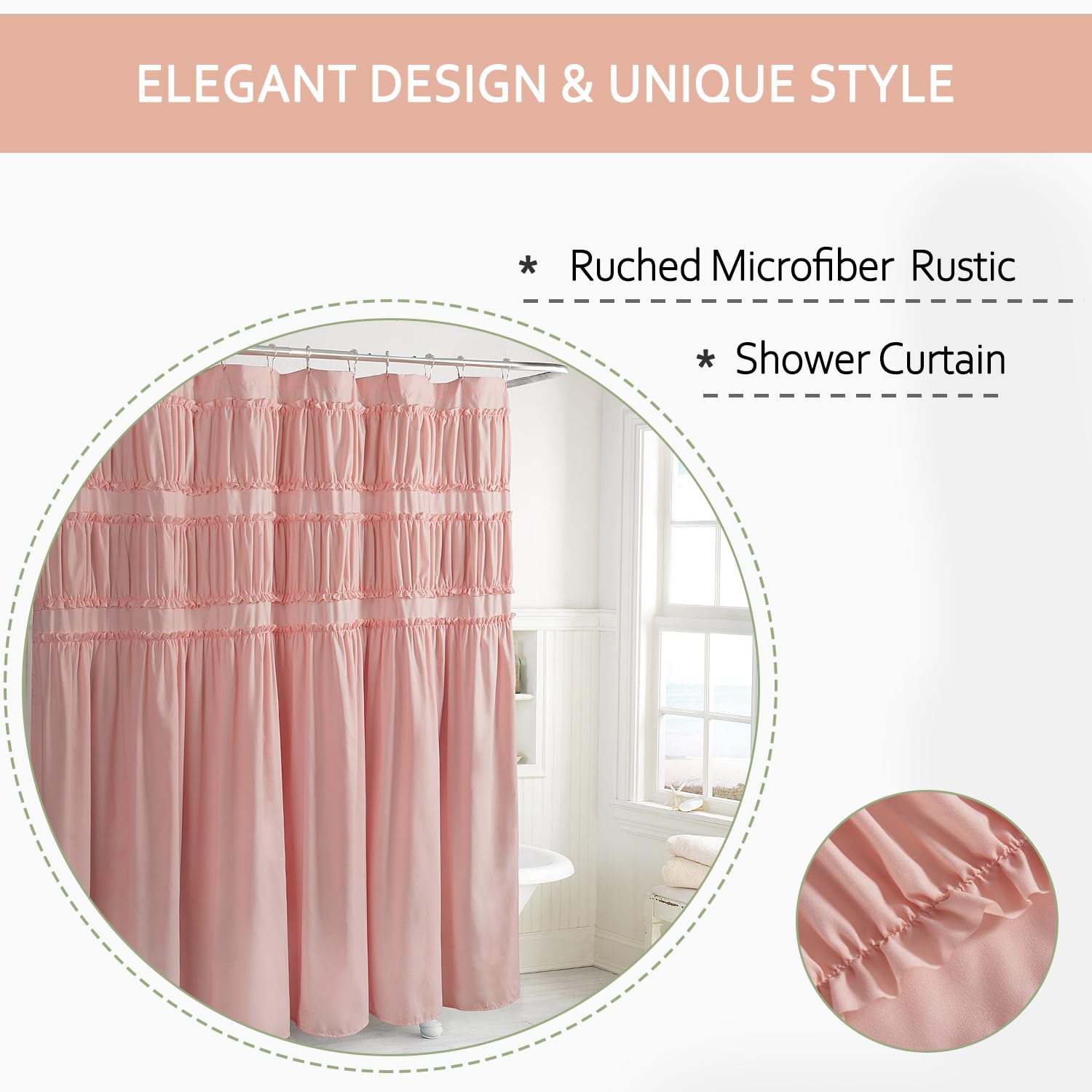 Ruched Ruffled Shower Curtain 72" W x 72" H, Microfiber Rustic Decorative Bath Curtain Boho Décor