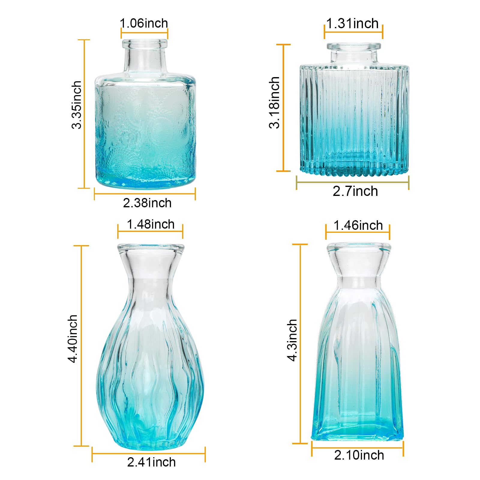 Glass Bud Vases Set of 4, Small Flower Vases for Wedding Centerpiece Vintage Embossed Mini Vases