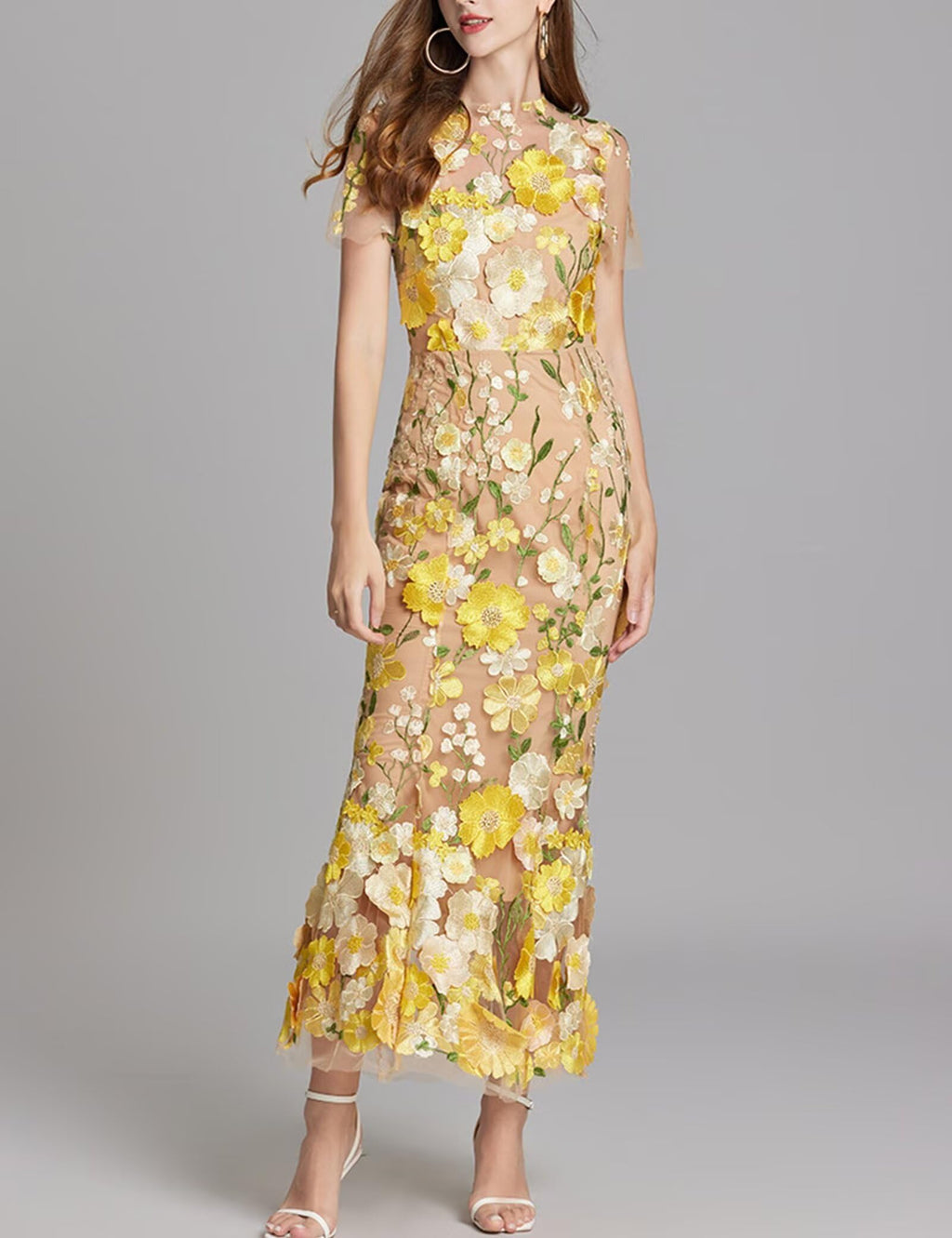 Women's 3D Floral Embroidery Dress Sheer Mesh Round Neck Lace Bodycon Party Cocktail Maxi Dress Short Sleeves