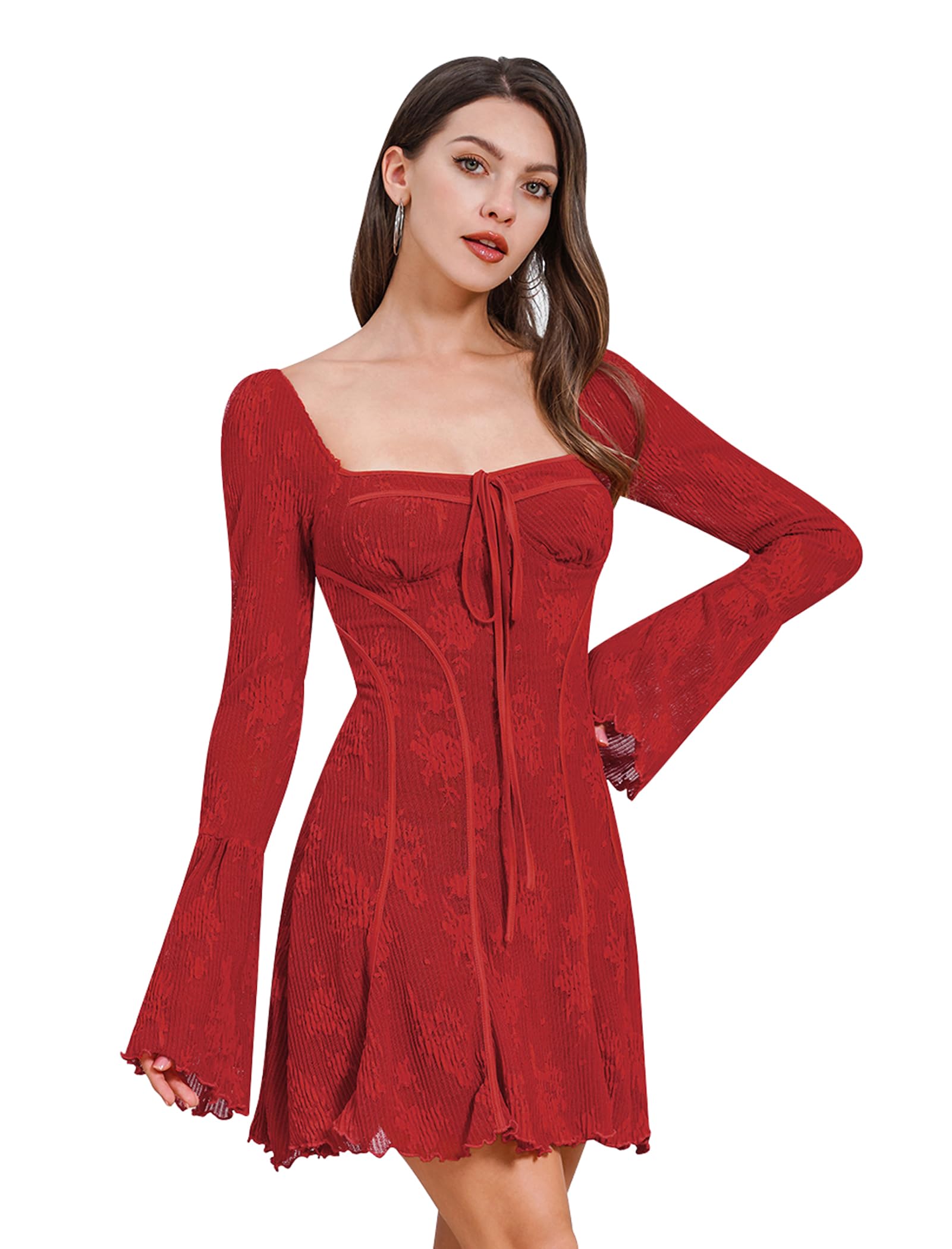 Women's Square Neck Corset Mini Dress Vintage Floral Lace Bell Sleeve Dress Y2K Short Ruffle Dresses