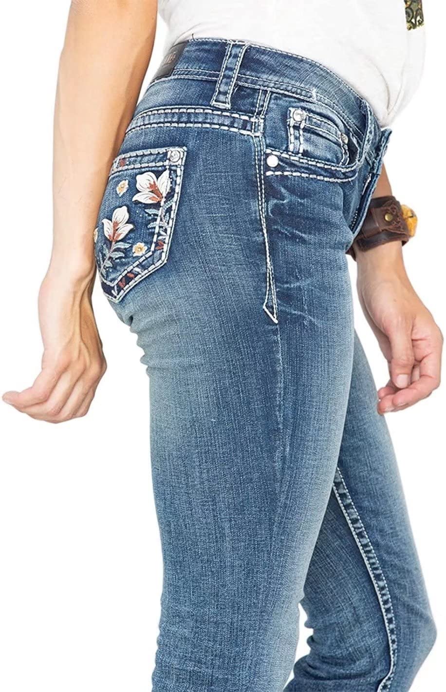 Women Bootcut Jeans, Stretchy Feather Flower Embroidery Mid Rise Slim Straight Leg Pants Jeans