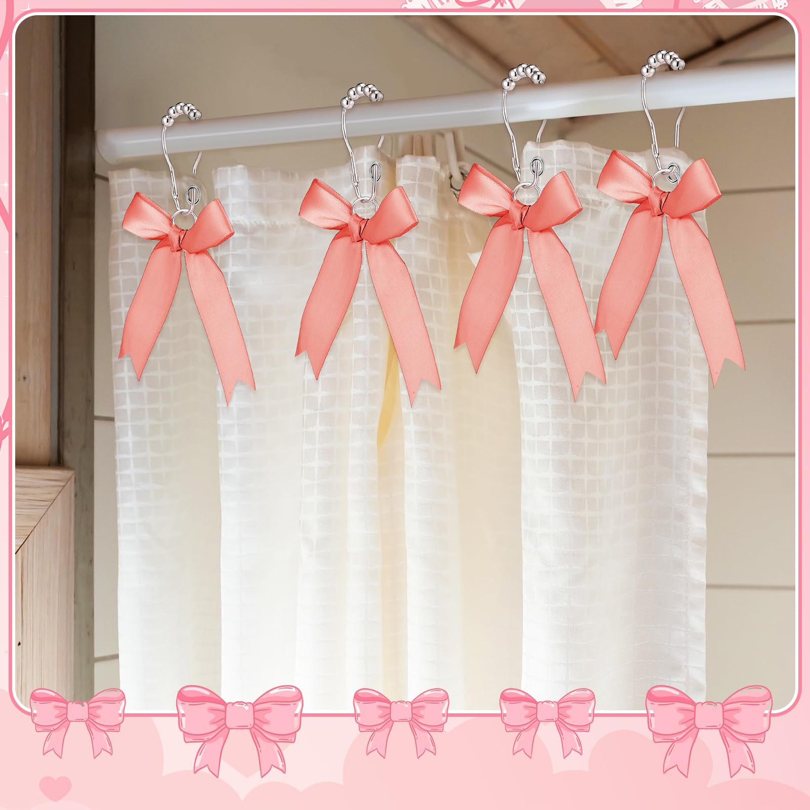 Cute Bow Knot Ribbon Curtain Hooks Decorative Shower Rings Hanger Bathroom Decor Bathroom Accessories 12 Pcs