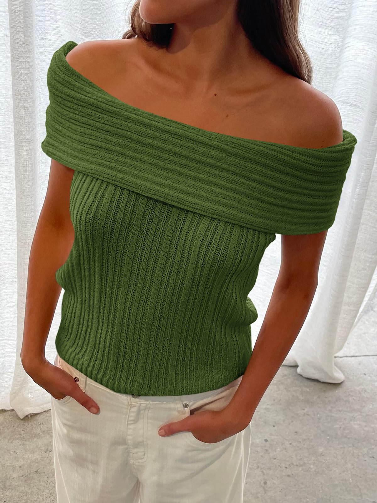Womens Off The Shoulder Sweater Tops Summer Sleeveless Strapless Ribbed Sexy Pullover Shirts