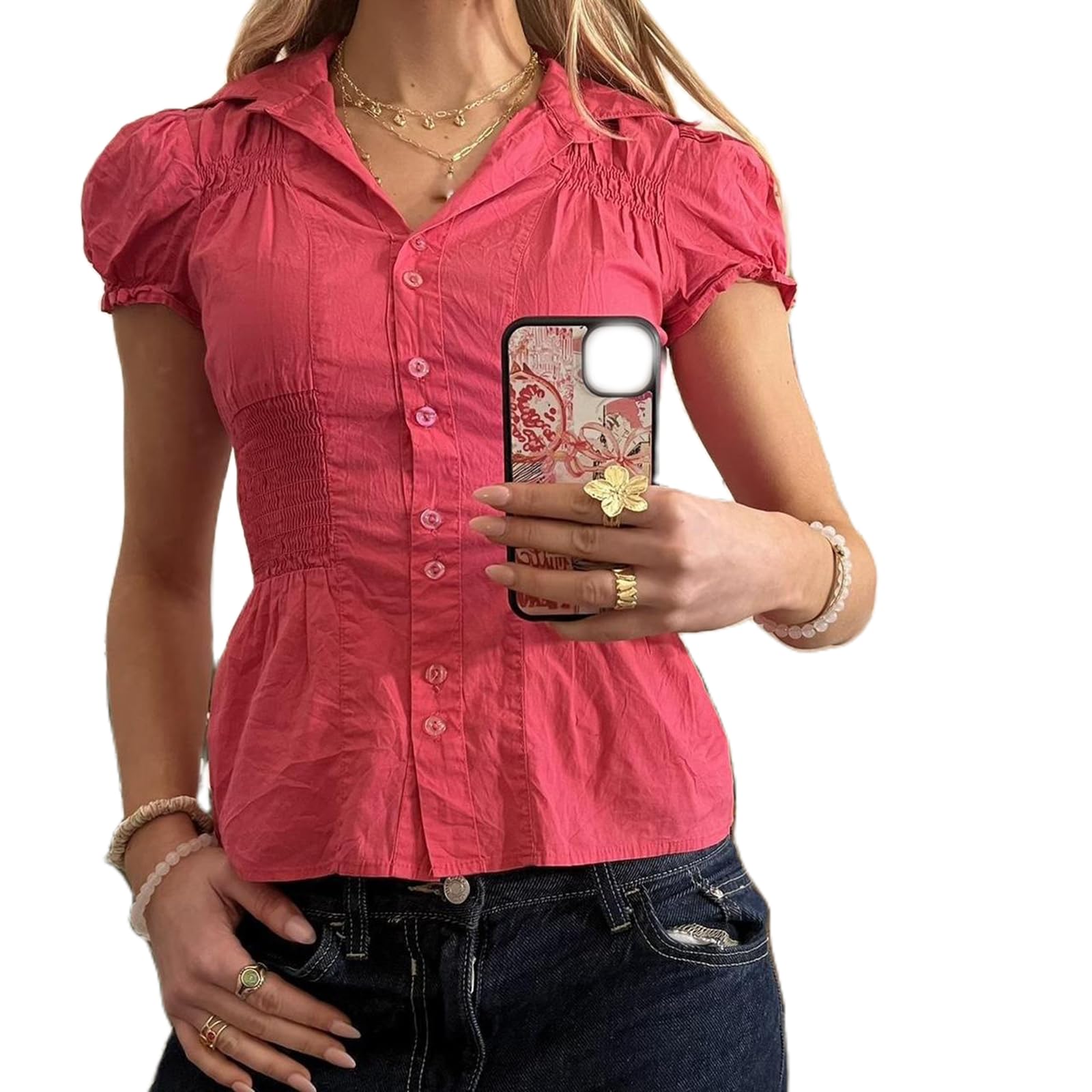 Y2k Fairy Plaid Button Down T Shirts Women Short Sleeve V Neck Aesthetic Tee Shirts Slim Fit Gingham Crop Top