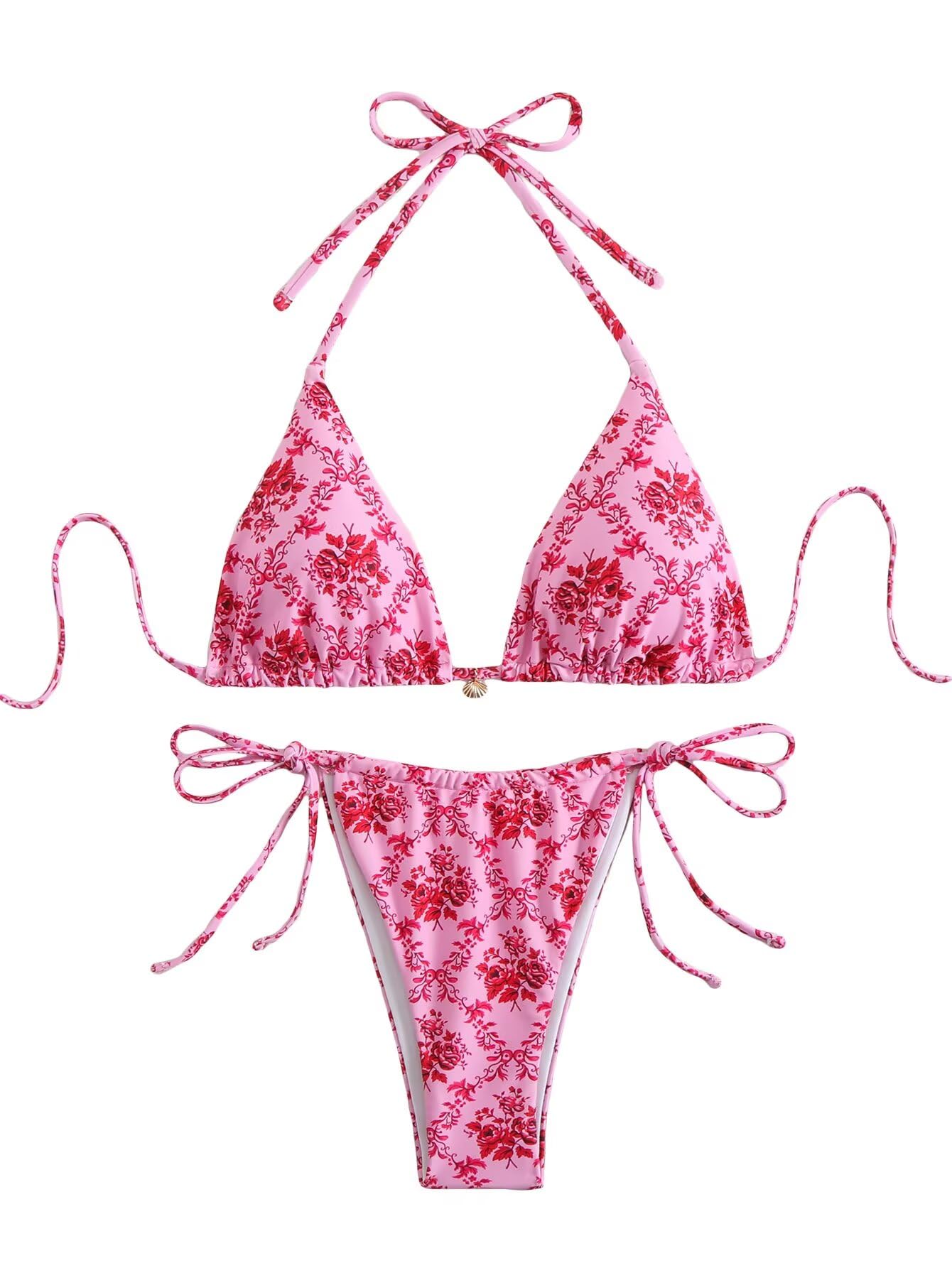 Women's Ditsy Floral Print Bathing Suit High Waisted Halter All Over Swimsuit Bikini Set