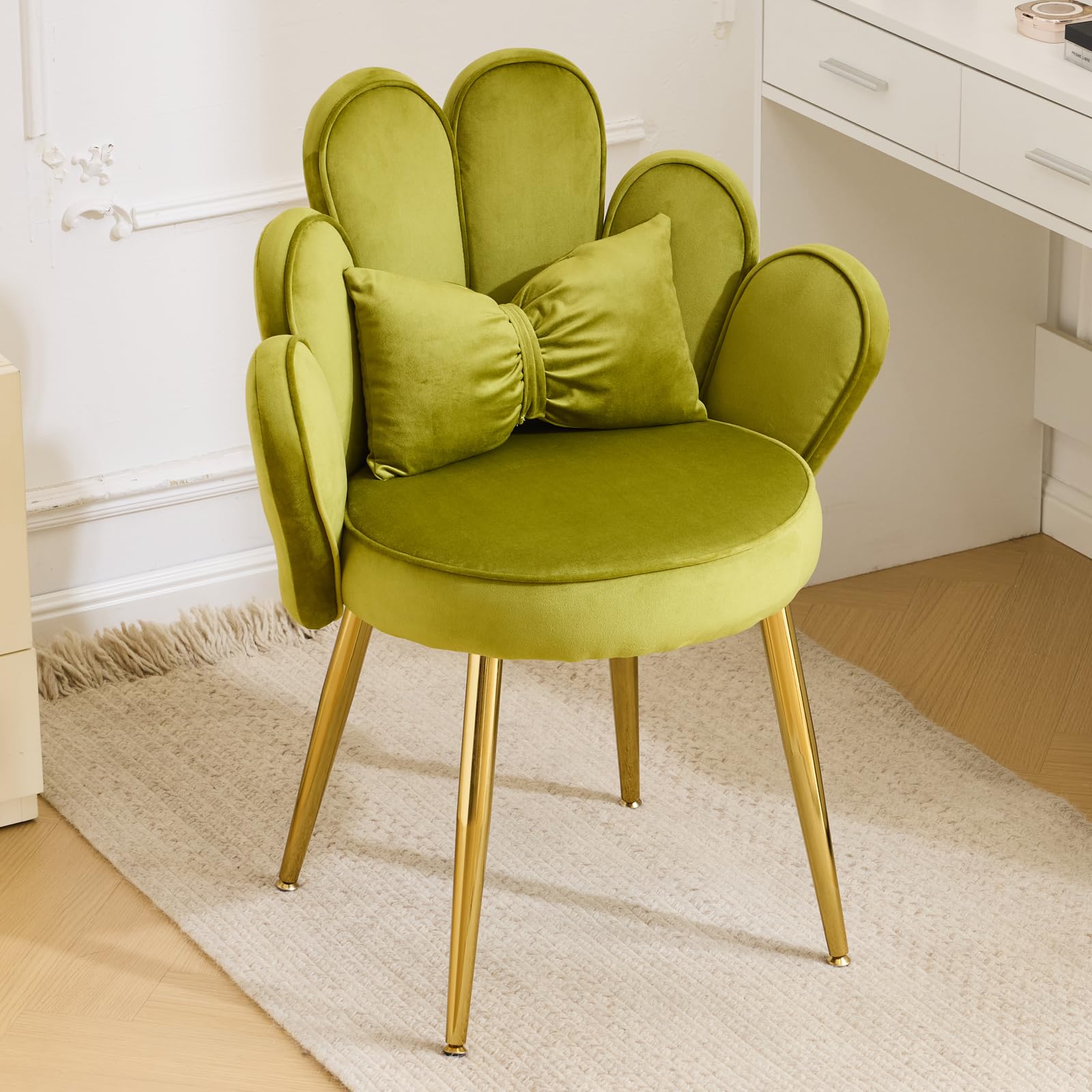 Cute, non-wheeled desk chair with backrest, fluffy cushion, cozy makeup chair with adjustable golden legs