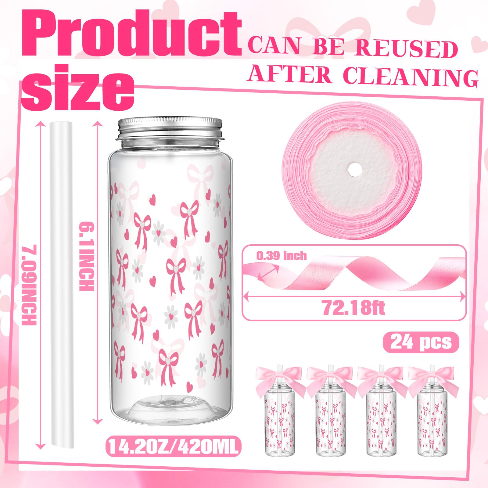 Color Bow Plastic Cups Coquette Bow Aesthetic Cup with Lids and Straws 14 oz Reusable Cute Bow Plastic Tumbler with Ribbon Bow