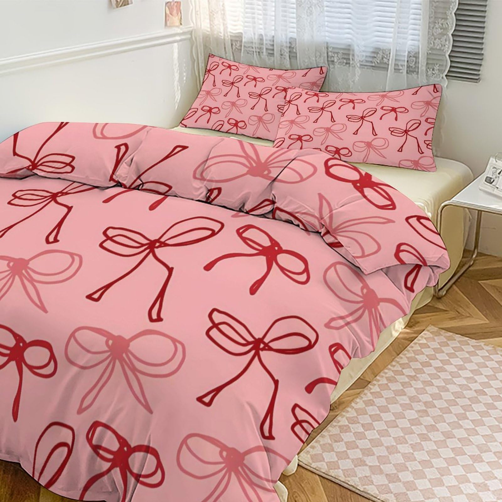 Pink Red Bow Comforter Set Duvet Cover Quilt Cover Set Ultra Soft Bed Cover (1 Duvet Cover+2 Pillowcases)
