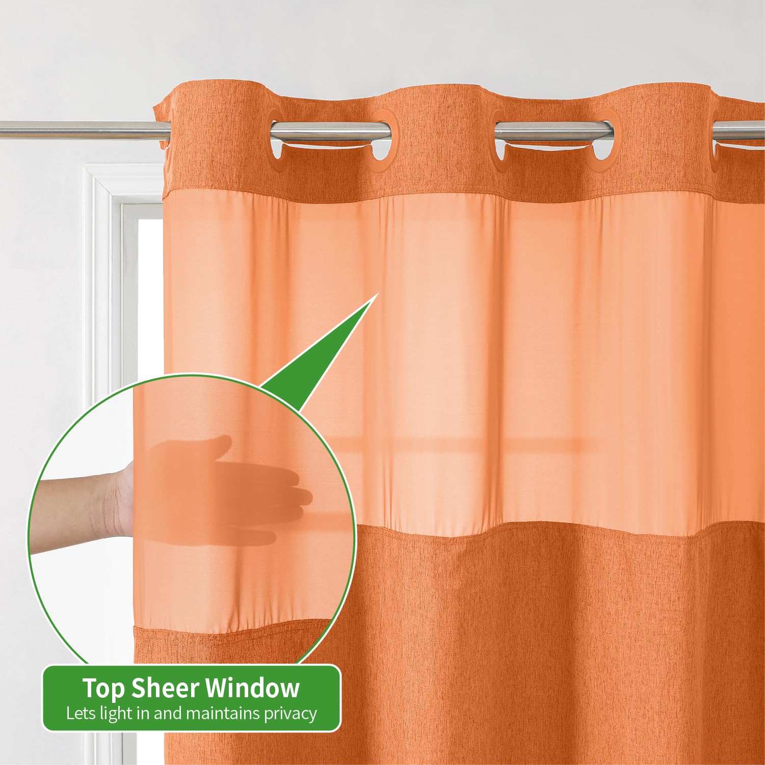 No Hooks Needed Linen Textured Shower Curtain with Snap-in Fabric Liner Set, Luxury Decor Shower Curtains for Bathroom with Mesh Top Window, Waterproof & Washable