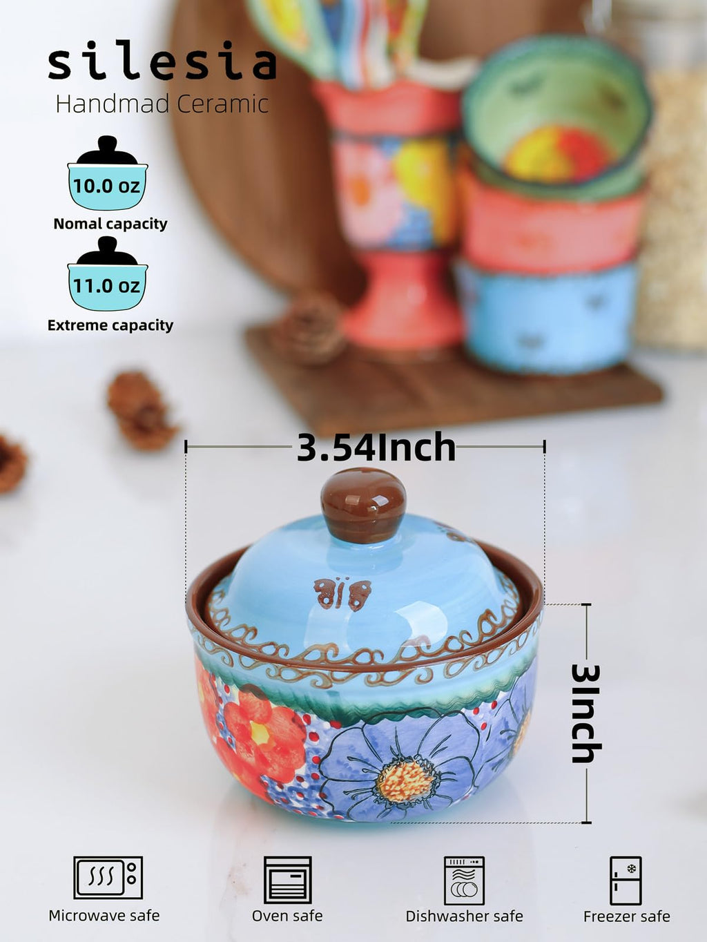 Handmade Sugar Bowl with Lid and Spoon, 10 Ounce Ceramic Hand-Painted Sugar Jar for Kitchen Oven, Dishwasher & Microwave Safe, Glazed