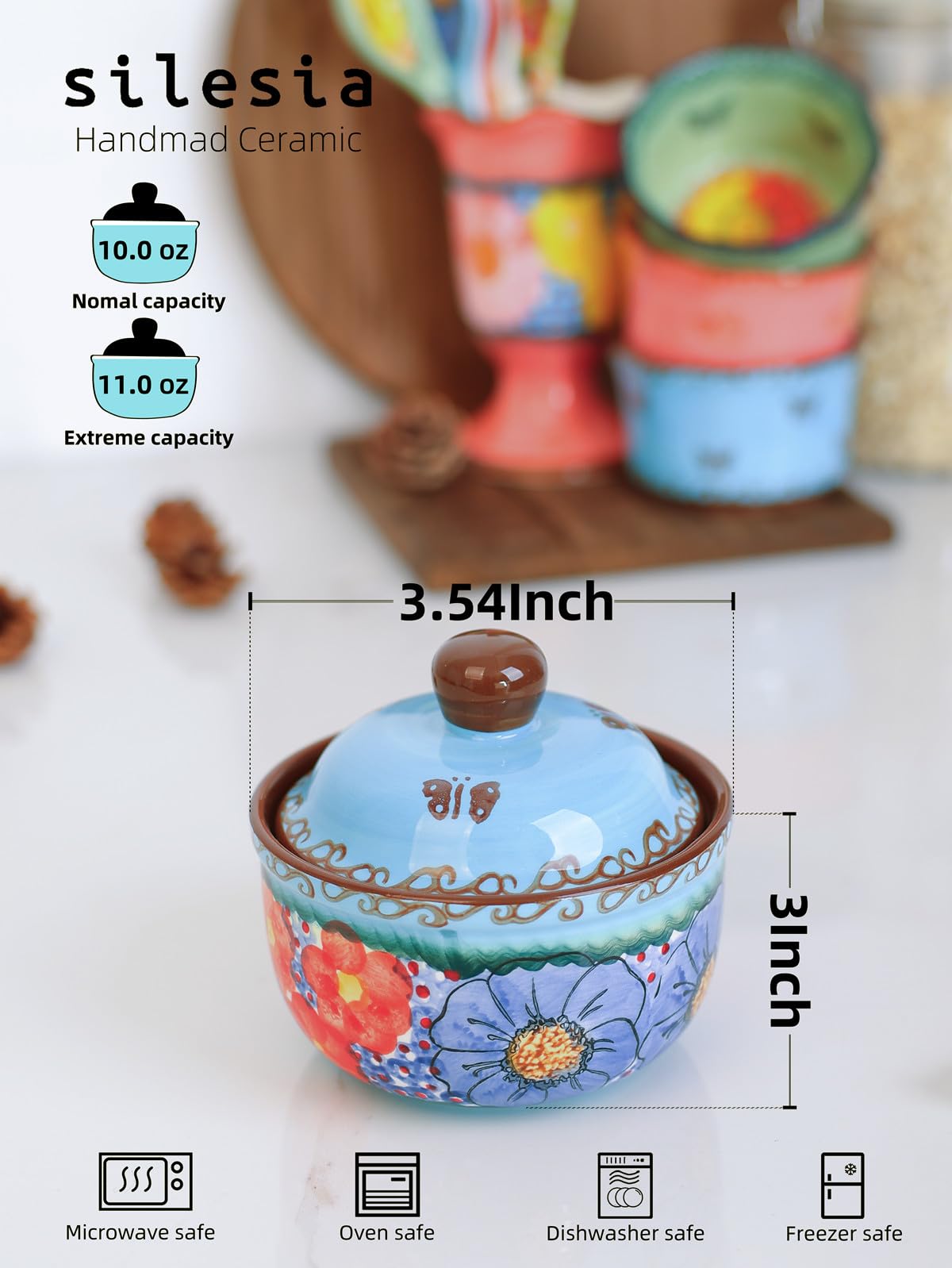 Handmade Sugar Bowl with Lid and Spoon, 10 Ounce Ceramic Hand-Painted Sugar Jar for Kitchen Oven, Dishwasher & Microwave Safe, Glazed