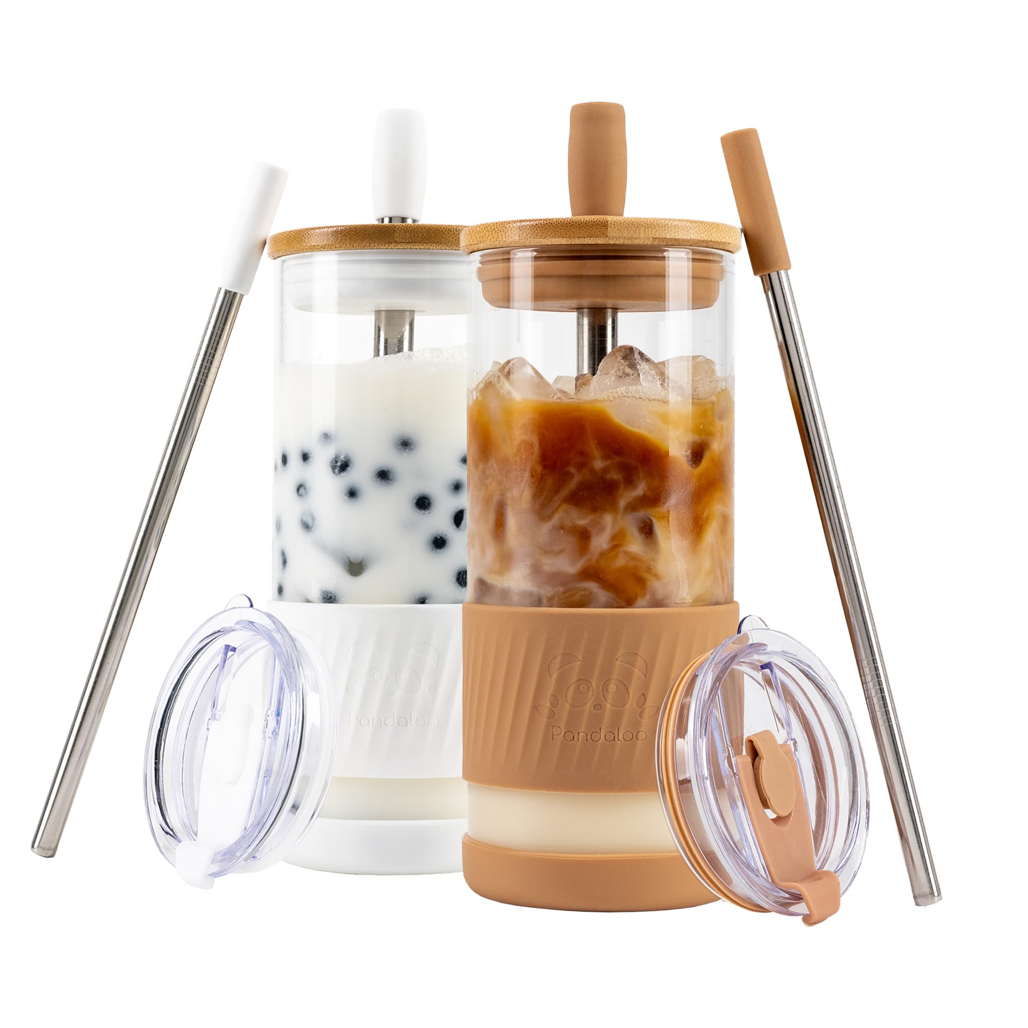 Pandaloo® Glass Cups With Lids and Straws -20 Fl Oz- Perfect Size Iced Coffee Cup - Smoothie Cup With Bamboo Lid and On the go Lid - Glass Tumbler With Straw