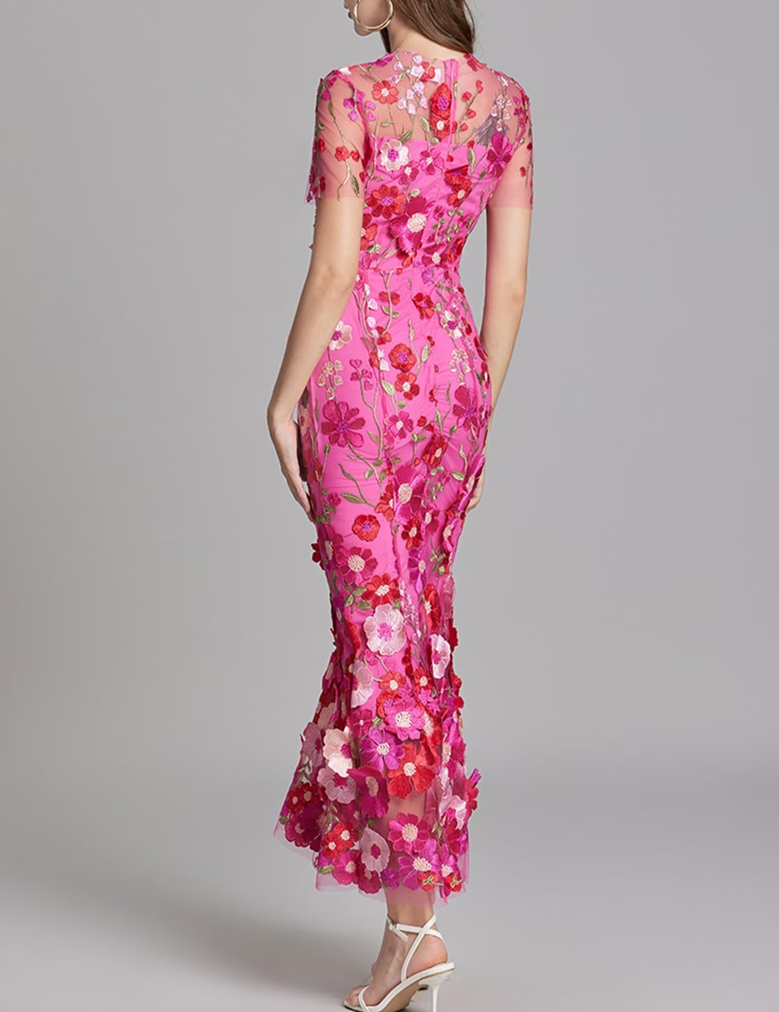 Women's 3D Floral Embroidery Dress Sheer Mesh Round Neck Lace Bodycon Party Cocktail Maxi Dress Short Sleeves