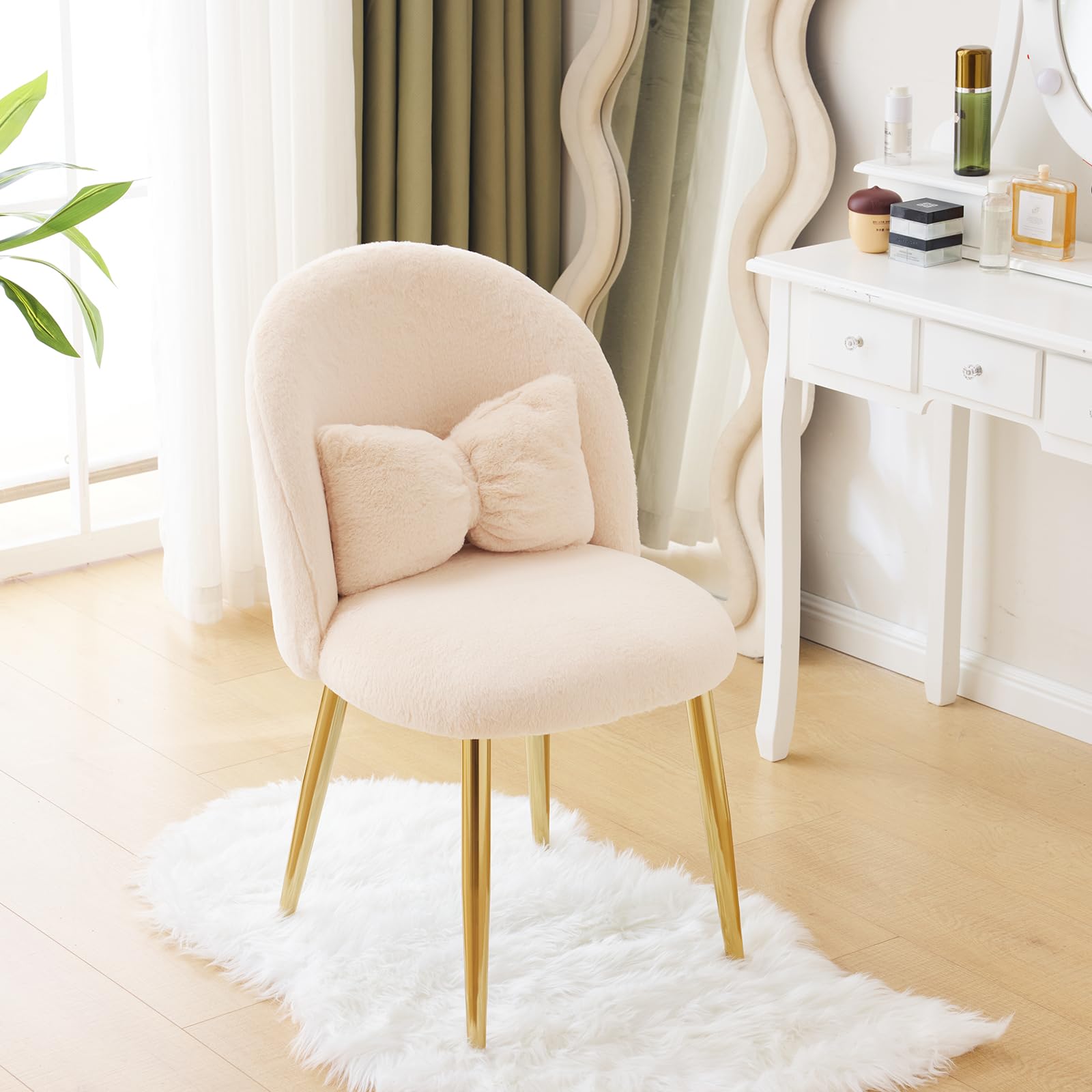 Cute, non-wheeled desk chair with backrest, fluffy cushion, cozy makeup chair with adjustable golden legs
