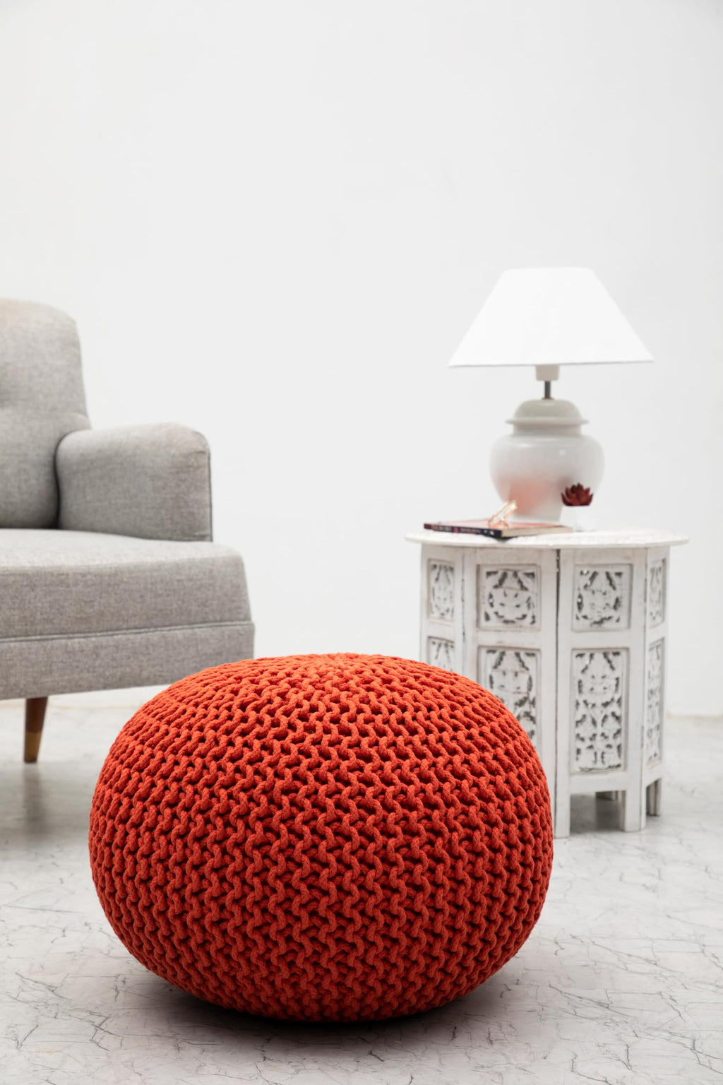 Hand-Knitted Cotton Round Pouf â€?Braid Cord Ottoman, Footrest, and Accent Seat for Living Room, Nursery, Kids Room, or Dorm Décor â€?20x14