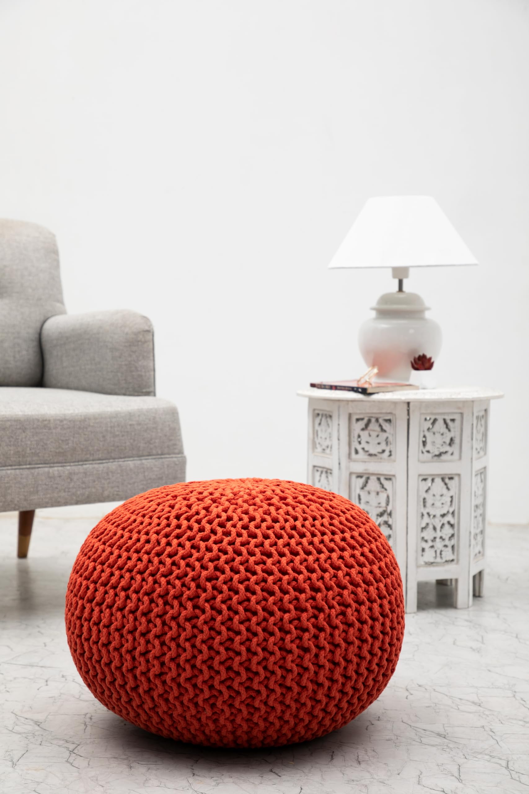 Hand-Knitted Cotton Round Pouf â€?Braid Cord Ottoman, Footrest, and Accent Seat for Living Room, Nursery, Kids Room, or Dorm Décor â€?20x14