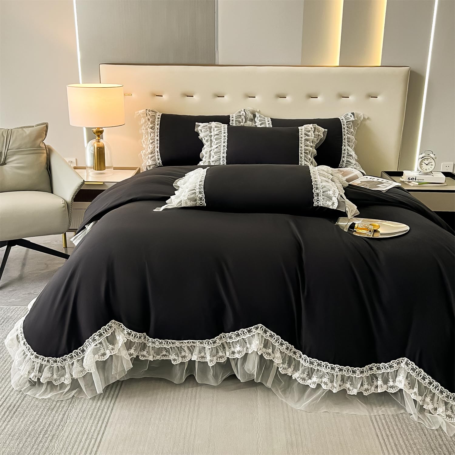 Chic Ruffle Lace Polyester Duvet Cover Set -Bedding-2 Piece Duvet Cover with Zipper Closure -Ultra Soft and Light Weight