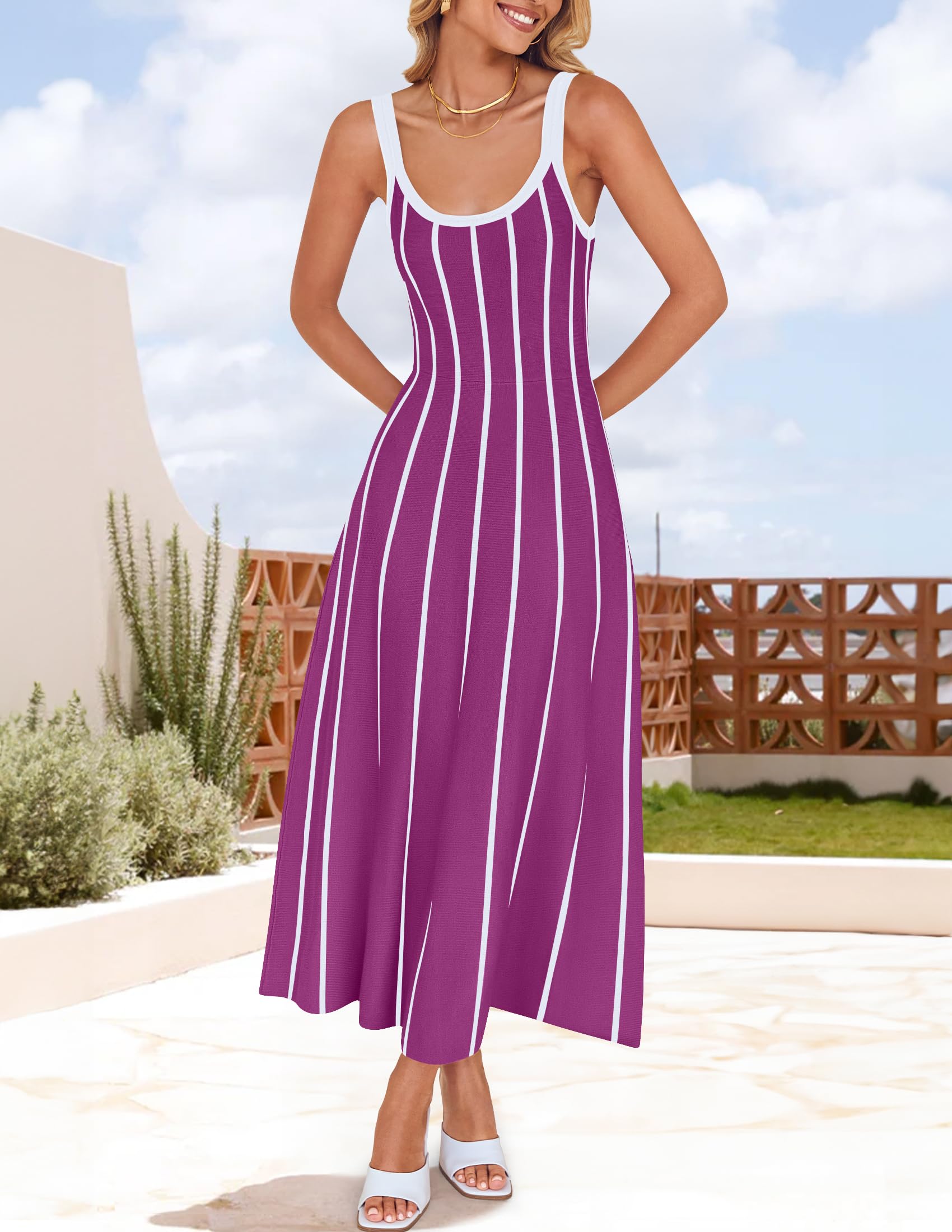 Wome's Summer Sleeveless Striped Midi Dress 2025 Knit Casual Elegant A Line Swing Long Dresses