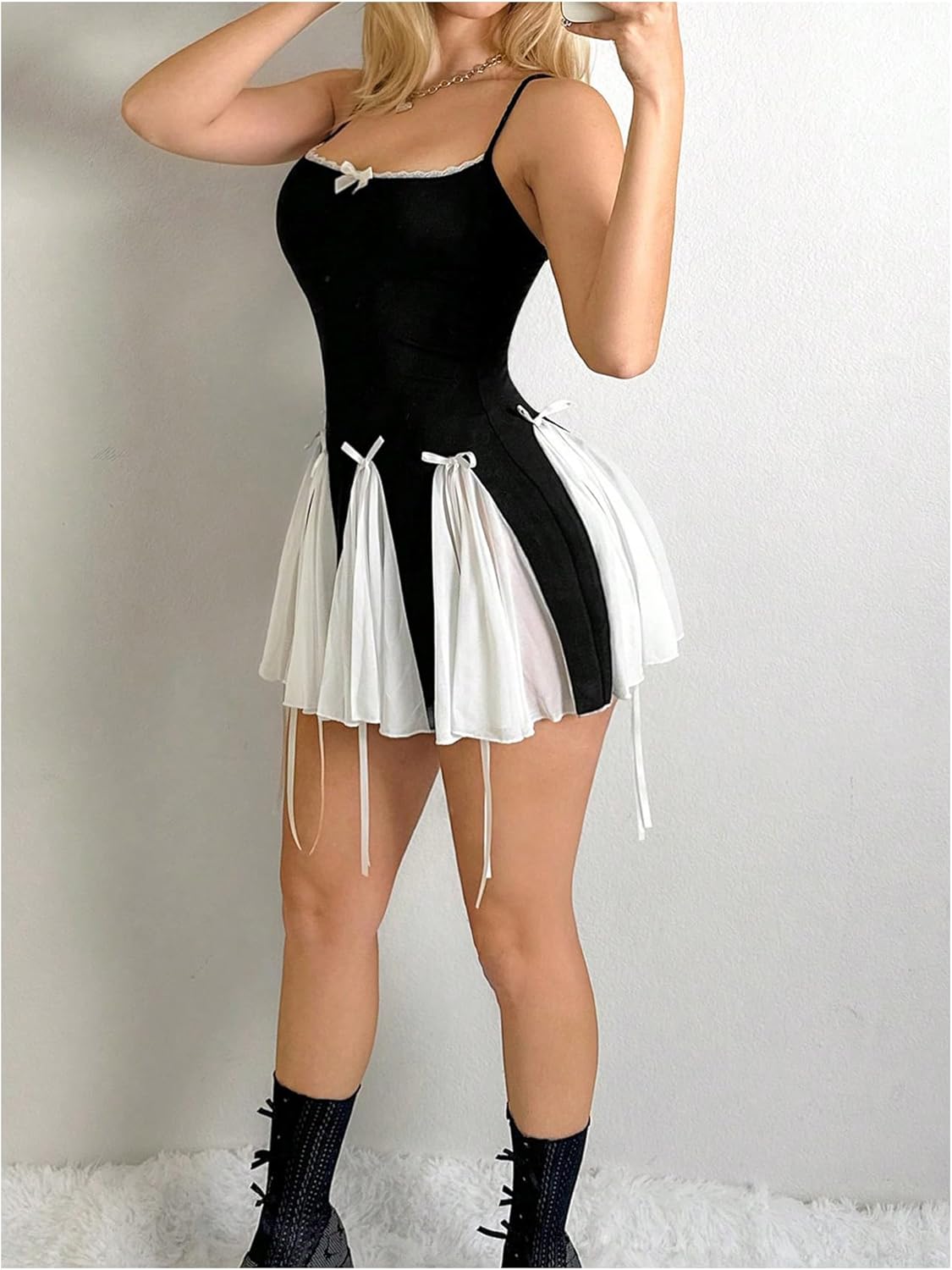 Women's Y2K Bow Tie Criss Cross Backless Mini Dress Colorblock Lace Cami Dress