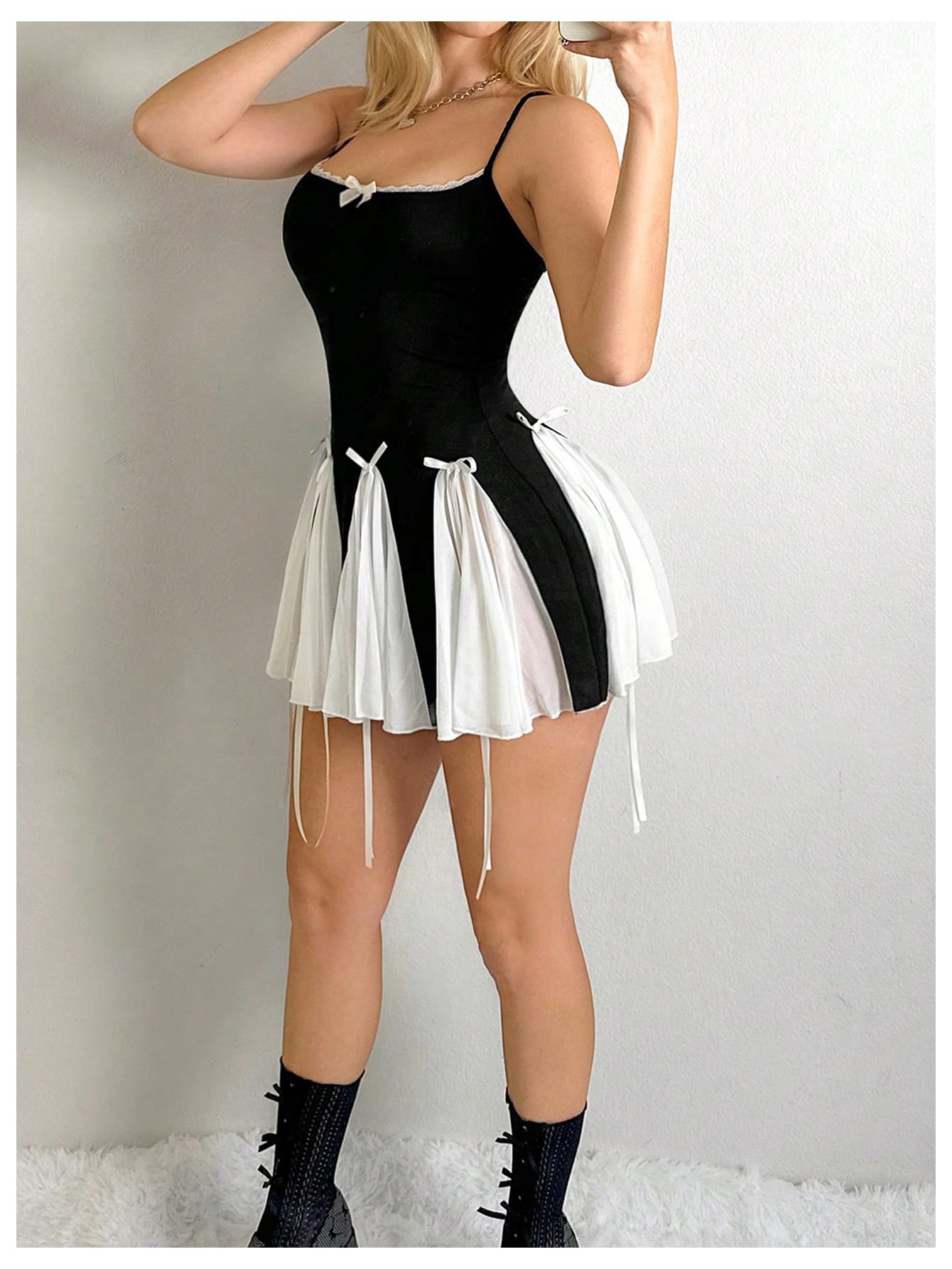 Women's Y2K Bow Tie Criss Cross Backless Mini Dress Colorblock Lace Cami Dress