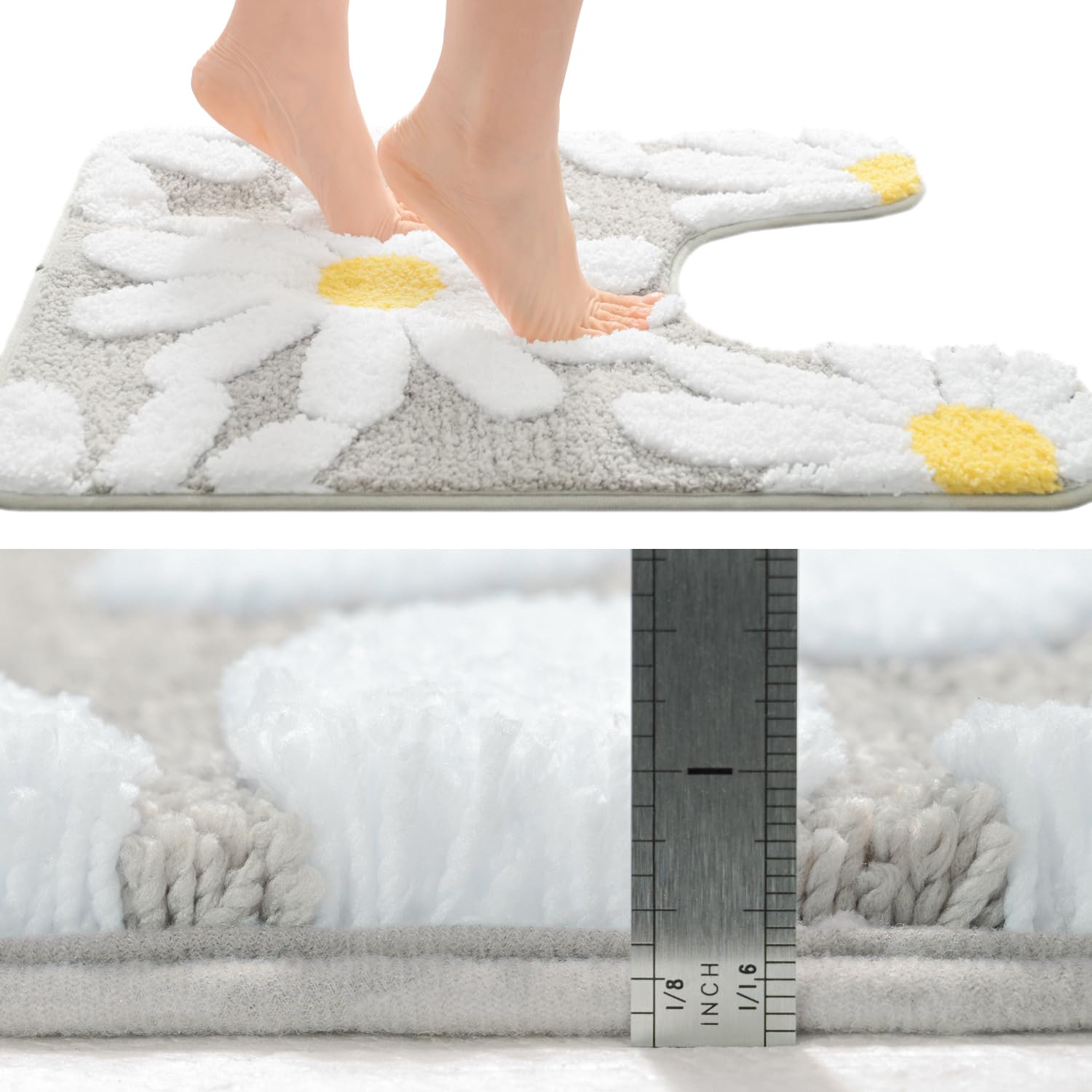 U Shaped Toilet Mat Cute Daisy Contour Bath Rug 20"x20", Extra Thick Soft Machine Washable Toilet Carpet, Non Slip Bathroom Floor Mats Super Absorbent Microfiber Bath Rugs