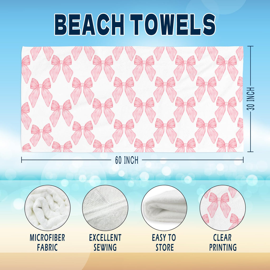 Coquette Girly Pink Bow Beach Towel - Microfiber Absorb Water Travel Towels 60x30 Inches for Bathroom Kitchen